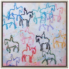 Trip Park, « Happy Horses », peinture à l'huile abstraite colorée sur toile, 30x30