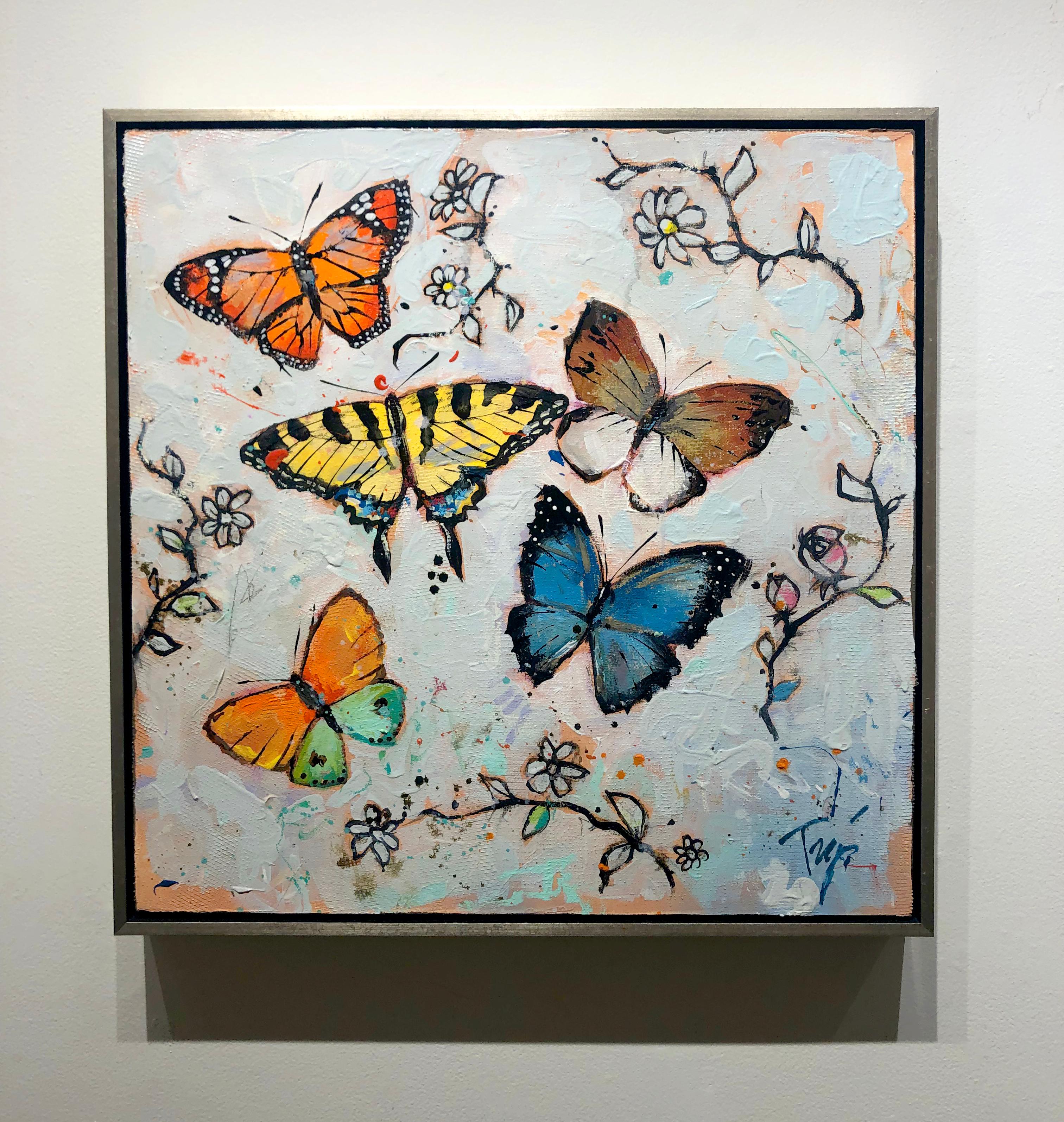 Trip Park, «ppie Flies », peinture à l'huile sur toile à fleurs fantaisistes de papillons en vente 1