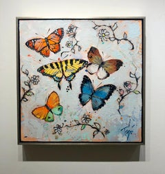 Trip Park, "Hippie Flies", Whimsical Butterfly Floral Oil Painting on Canvas