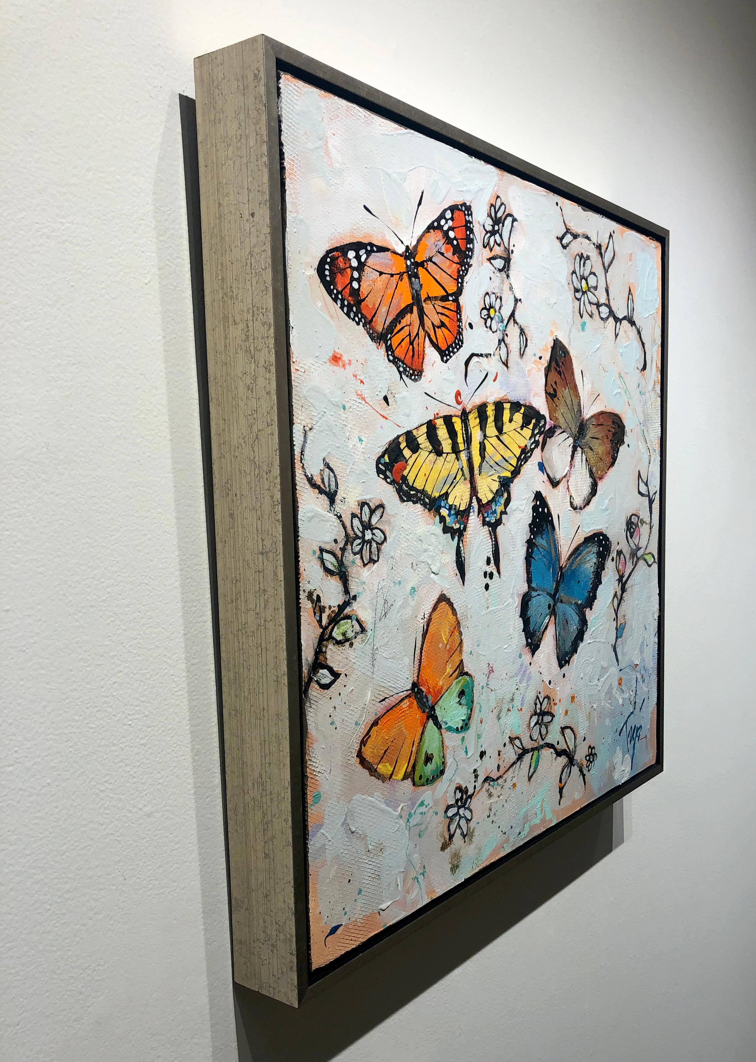 Trip Park, «ppie Flies », peinture à l'huile sur toile à fleurs fantaisistes de papillons en vente 2