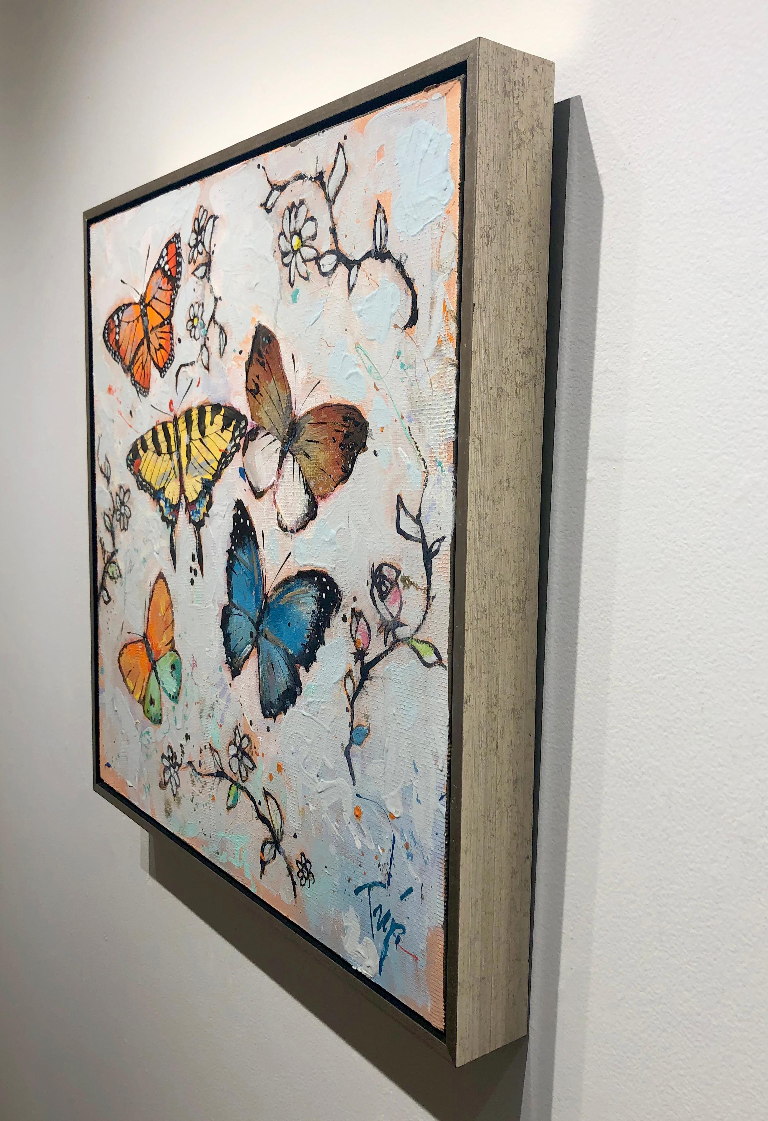 Trip Park, «ppie Flies », peinture à l'huile sur toile à fleurs fantaisistes de papillons en vente 3