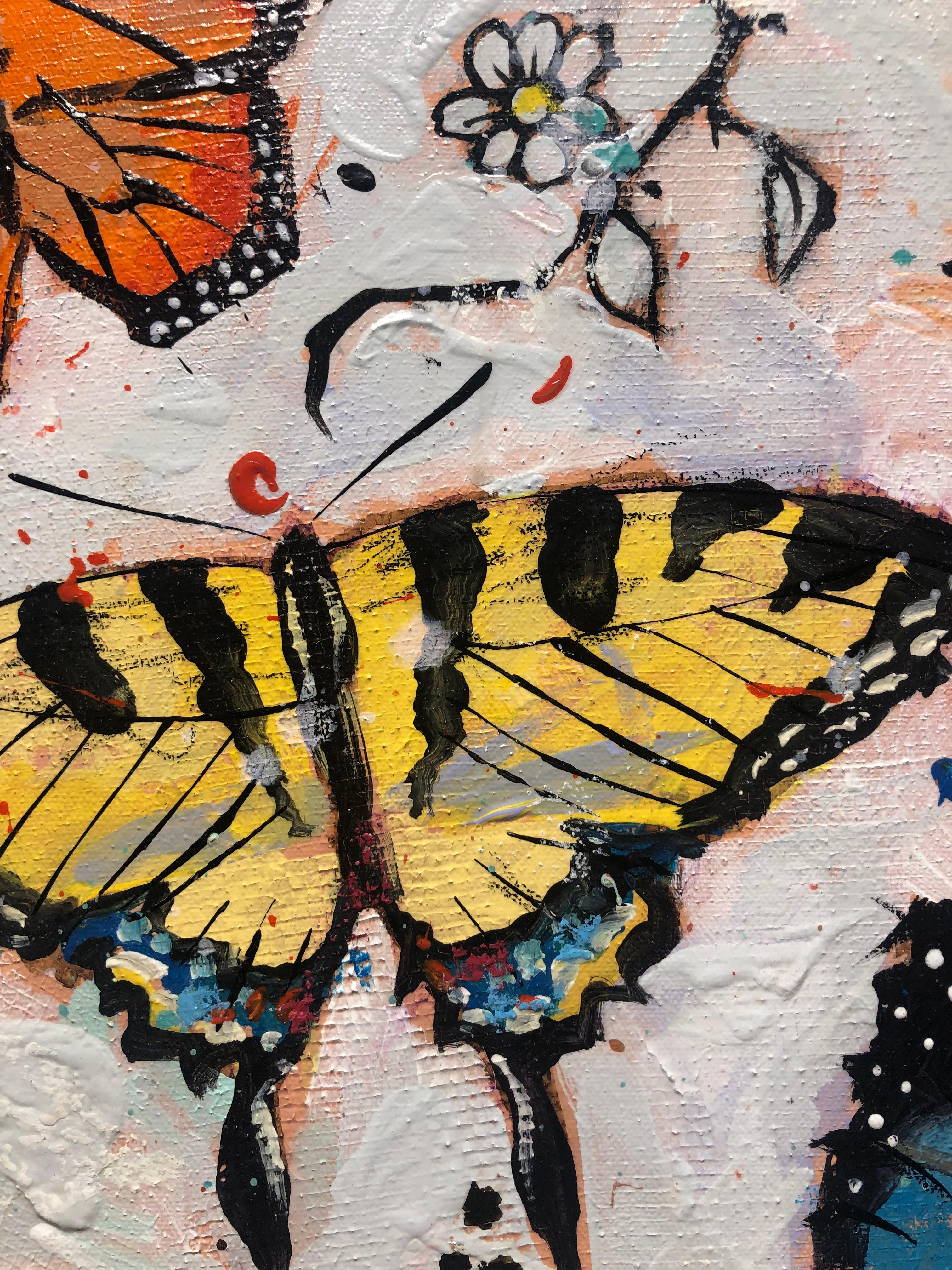 Trip Park, «ppie Flies », peinture à l'huile sur toile à fleurs fantaisistes de papillons en vente 5