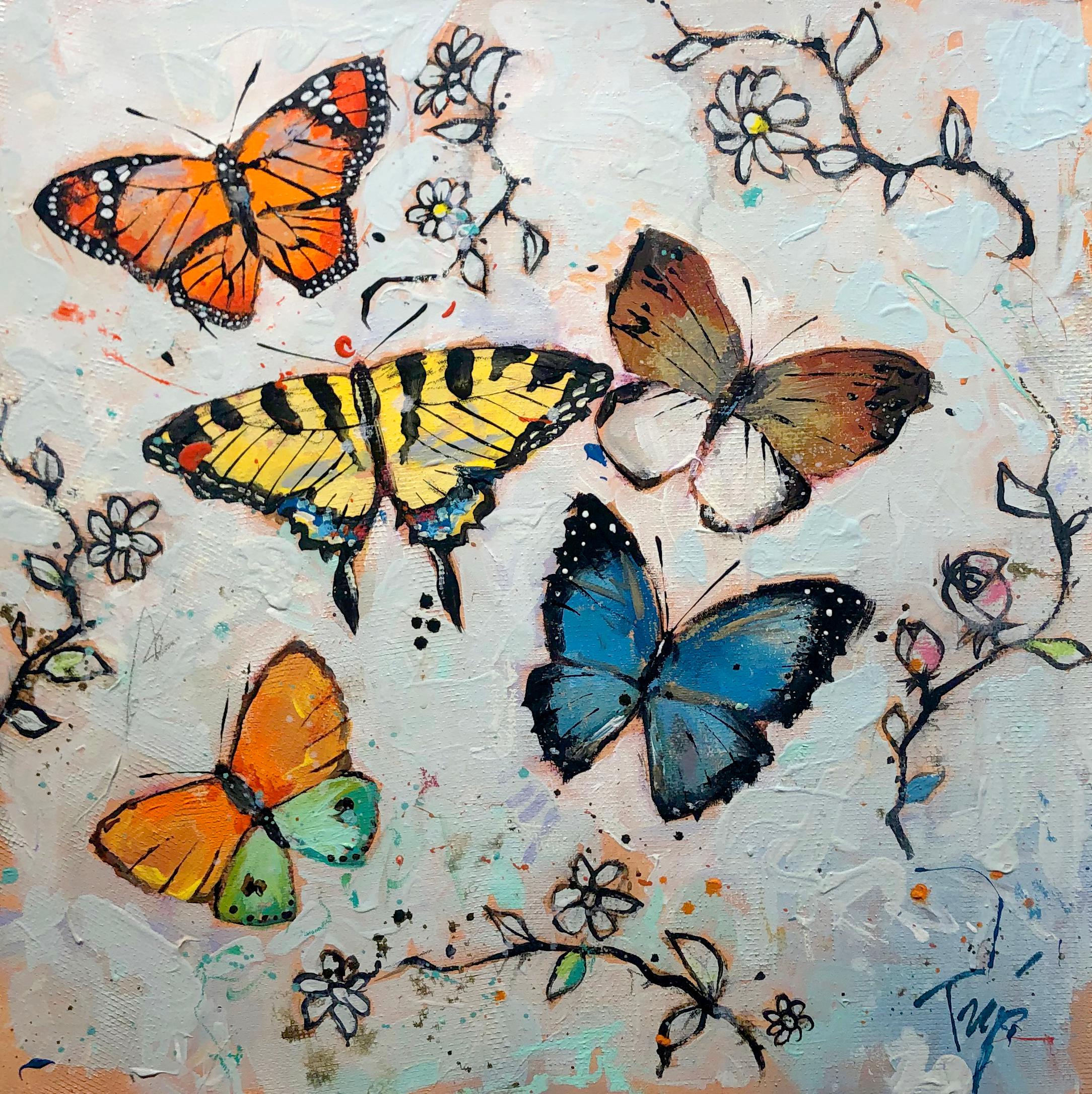 Trip Park, "Hippie Flies", Whimsical Butterfly Floral Oil Painting on Canvas