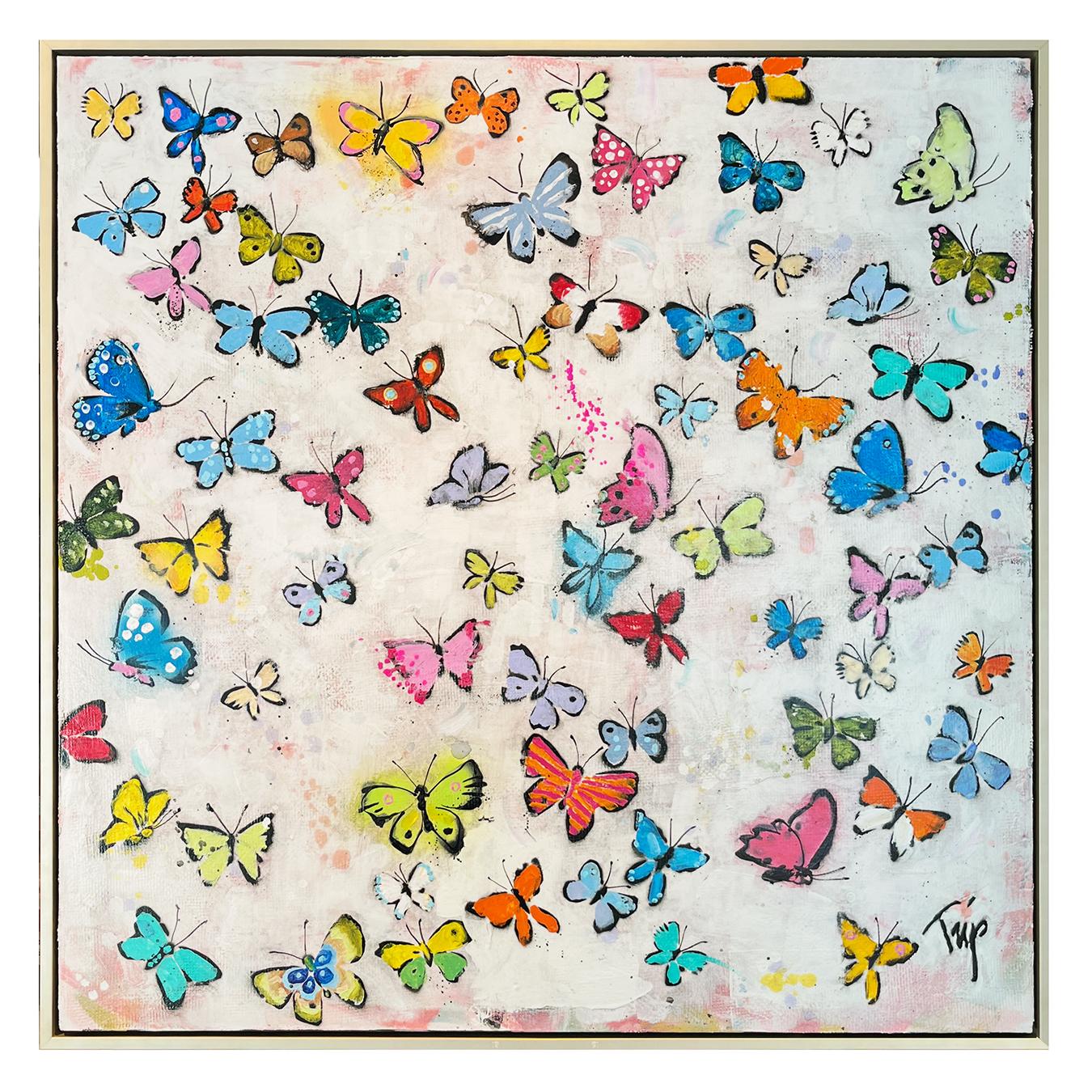 Trip Park, "Lovely Flies", 36x36 Abstrakte bunte Schmetterlingsmalerei auf Leinwand
