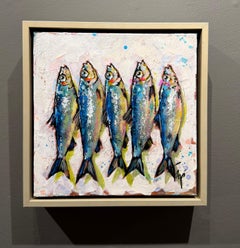 Trip Park, "Mighty Fishies", 12x12 Abstract Colorful Sardine Painting on Canvas