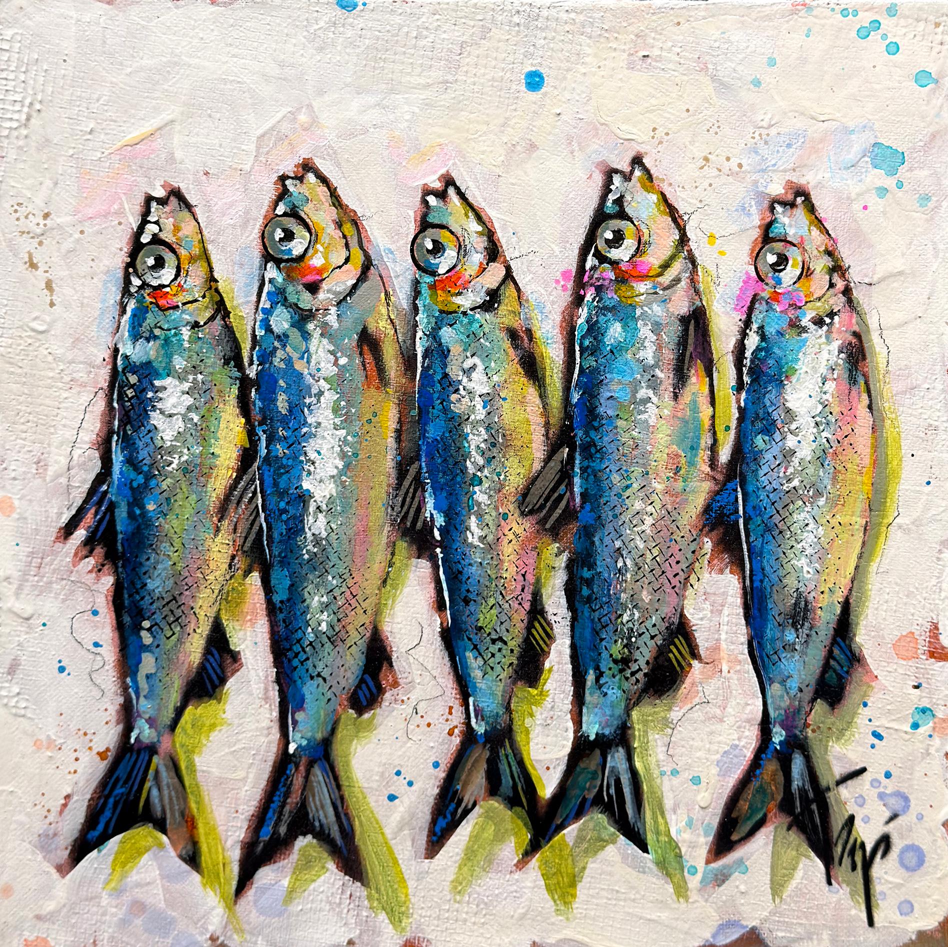 This painting, “Mighty Fishies,” is a 12x12 (see Mini Fishies as a pair) mixed media painting on canvas by artist Trip Park. Featured in the work are five fish that resemble sardines, arranged in a clean, rhythmic row, each rendered with bold