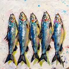 Trip Park, "Mighty Fishies", 12x12 Abstract Colorful Sardine Painting on Canvas