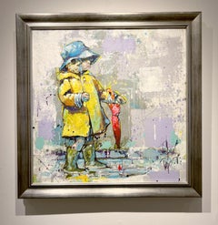 Trip Park, "Raining Again", 30x30 Child with Raincoat and Umbrella Oil Painting