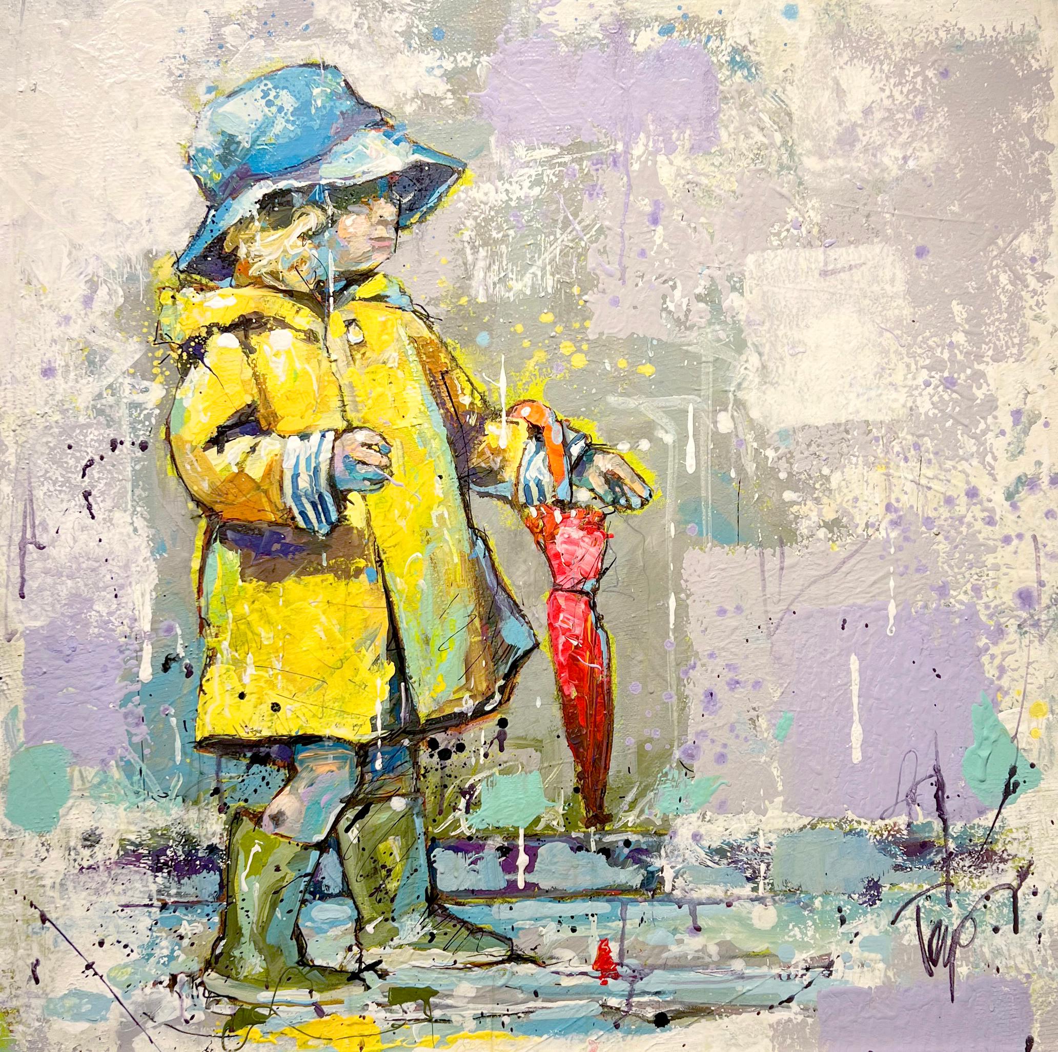 Trip Park, "Raining Again", 30x30 Child with Raincoat and Umbrella Oil Painting