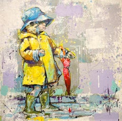 Trip Park, "Raining Again", 30x30 Child with Raincoat and Umbrella Oil Painting
