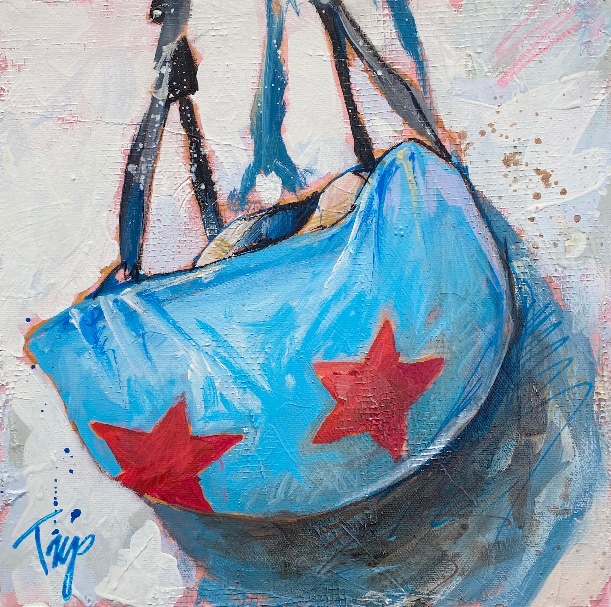 This abstract piece, "Red Star Head", is a 12x12 oil painting on canvas featuring a single blue jockey helmet with a red star pattern. Park's signature pink underpainting can be seen through the many layers of vibrant color. 

About the artist:
Trip