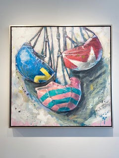 Trip Park, "Three Horsemen", 36x36 Contemporary Jockey Helmet Painting on Canvas