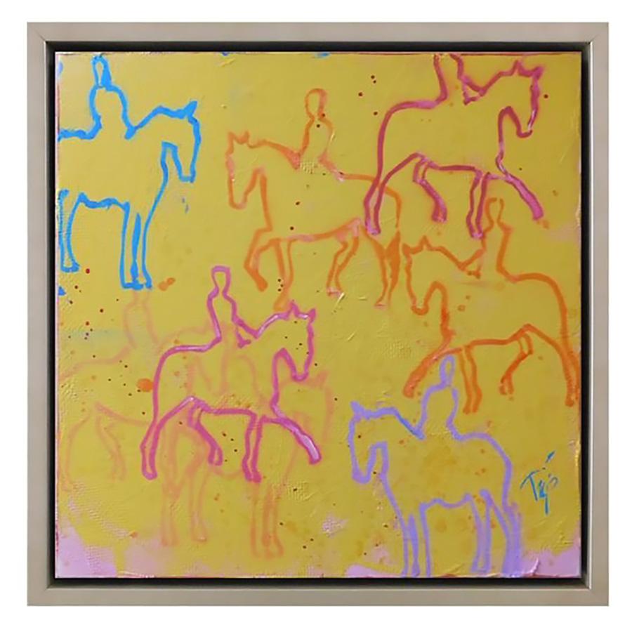 This Painting, "Yellow Horses", is a 20x20 oil painting on canvas by artist Trip Park. Featured in the painting is a repeating and overlapping pattern of a rider and horse in various shades and colors. Park's whimsical style shines through his use