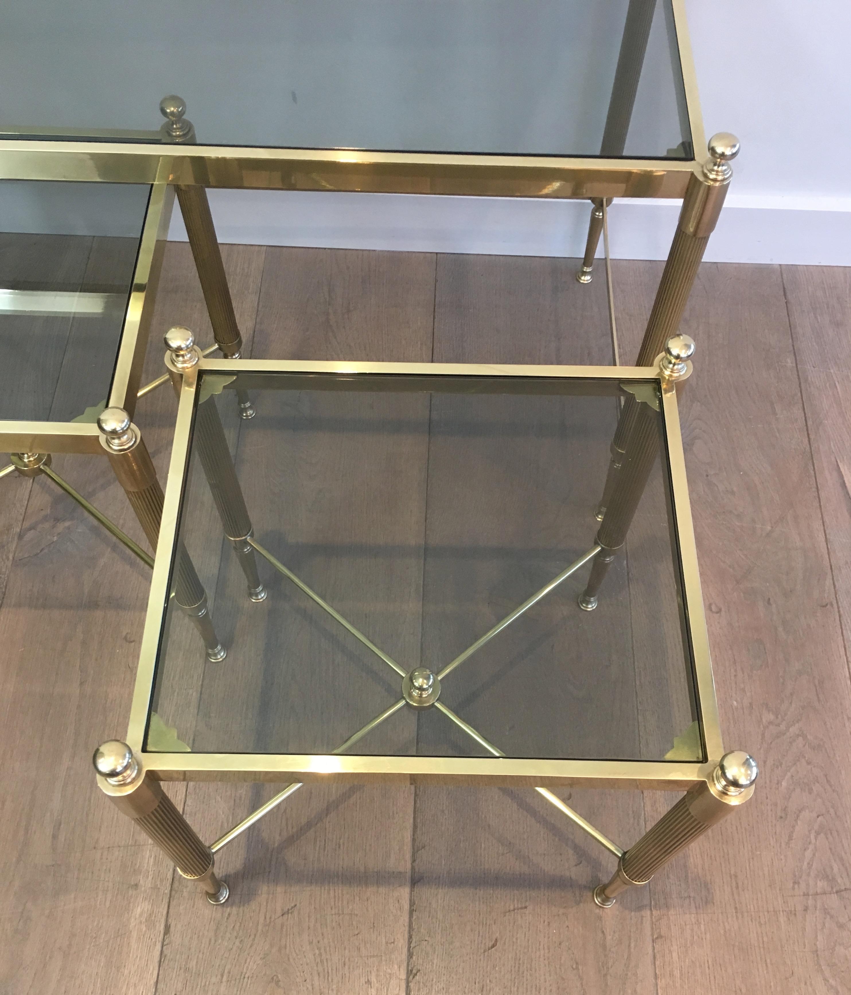 Tripartite Brass Coffee Table made of a Main Table and 2 Nesting Side Tables 4