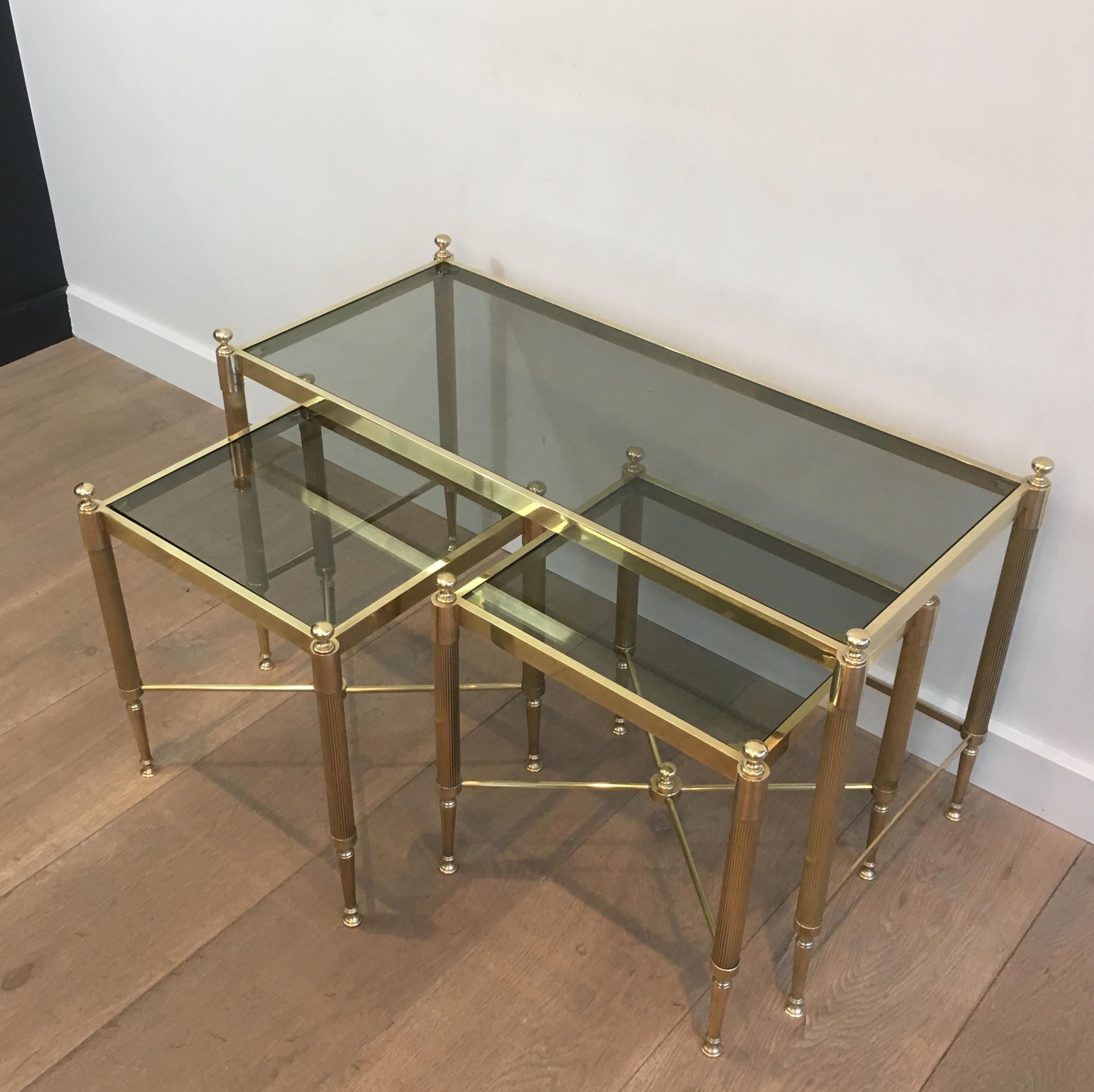 Tripartite Brass Coffee Table made of a Main Table and 2 Nesting Side Tables 11