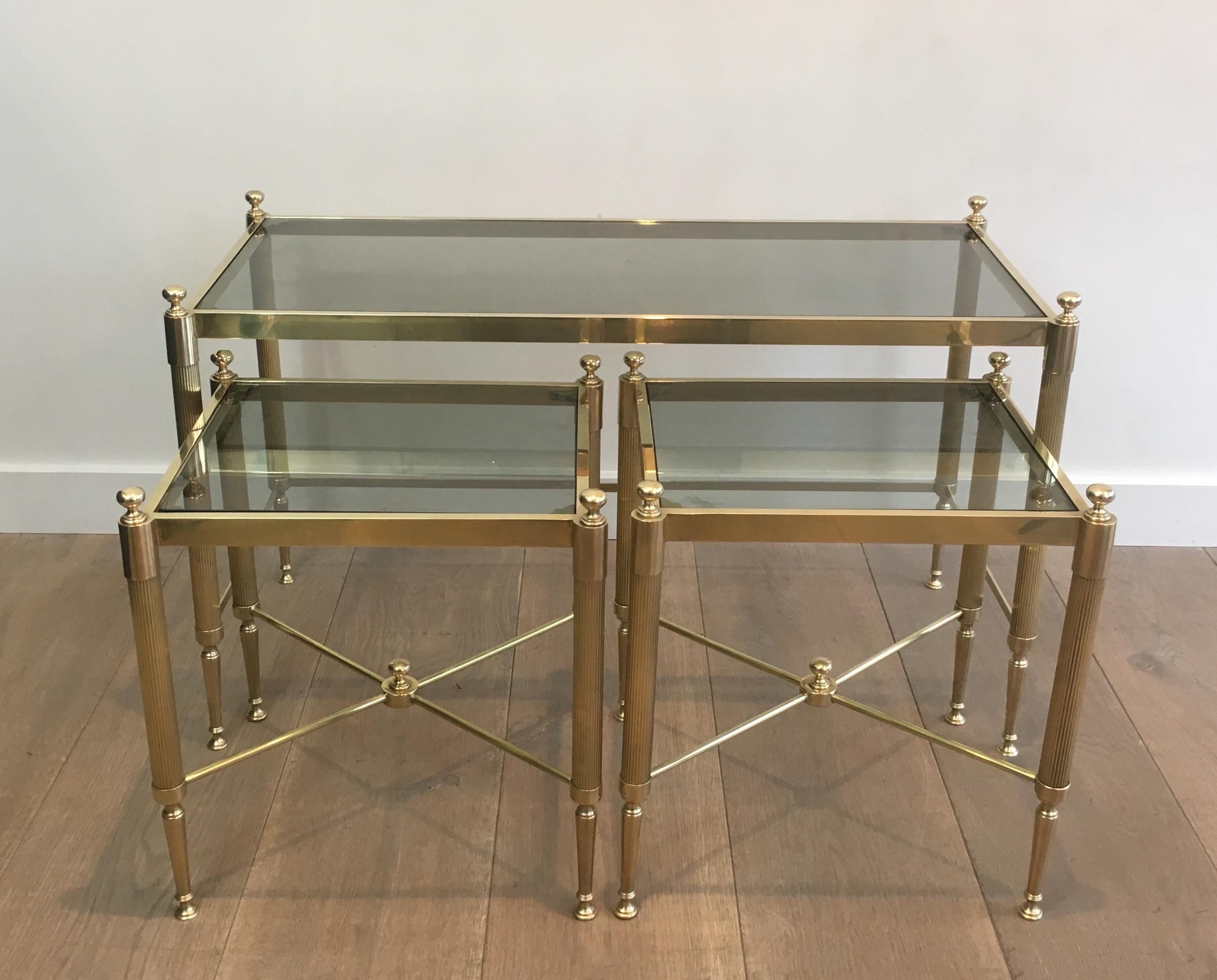 Neoclassical Tripartite Brass Coffee Table made of a Main Table and 2 Nesting Side Tables