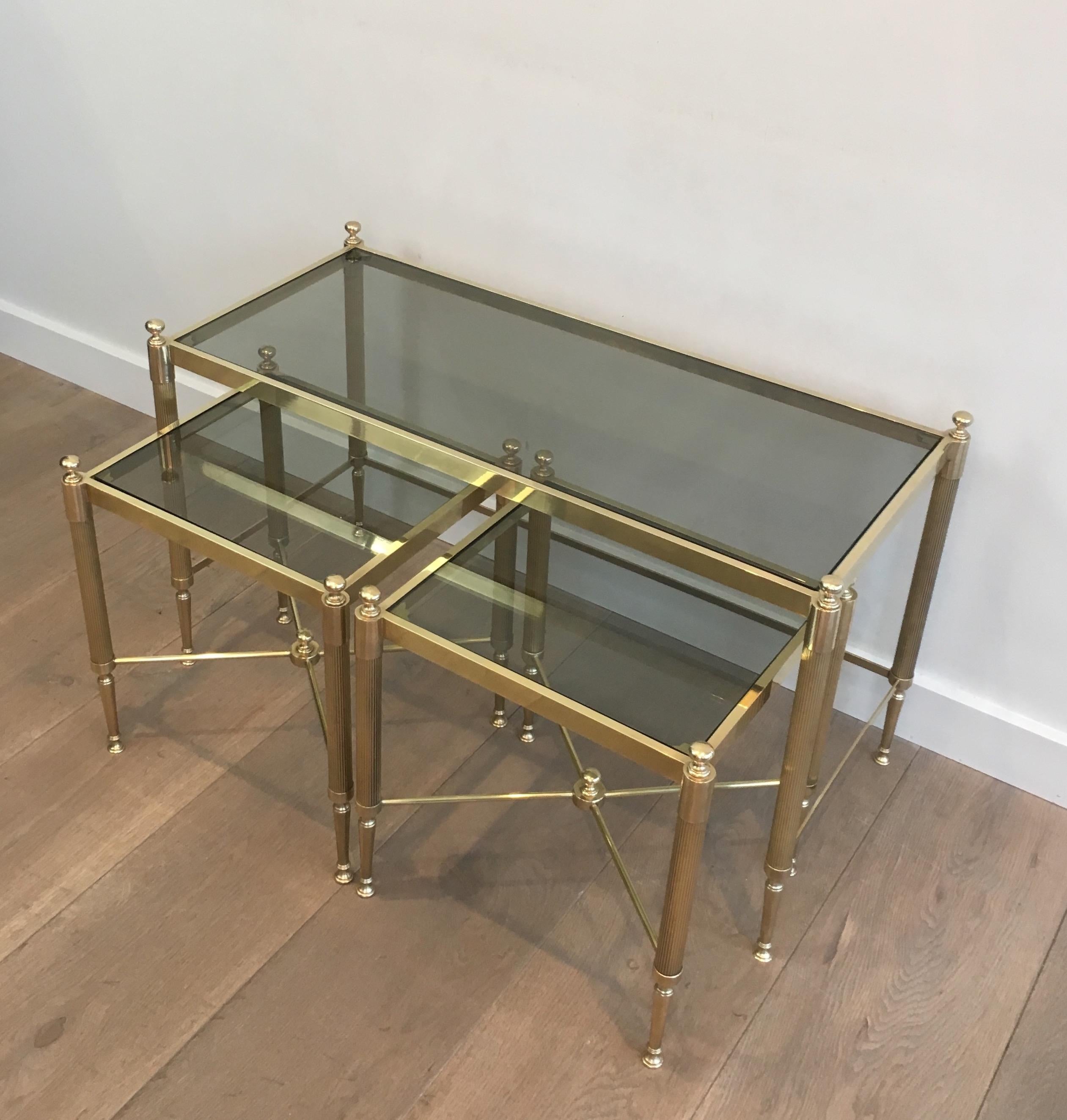 French Tripartite Brass Coffee Table made of a Main Table and 2 Nesting Side Tables
