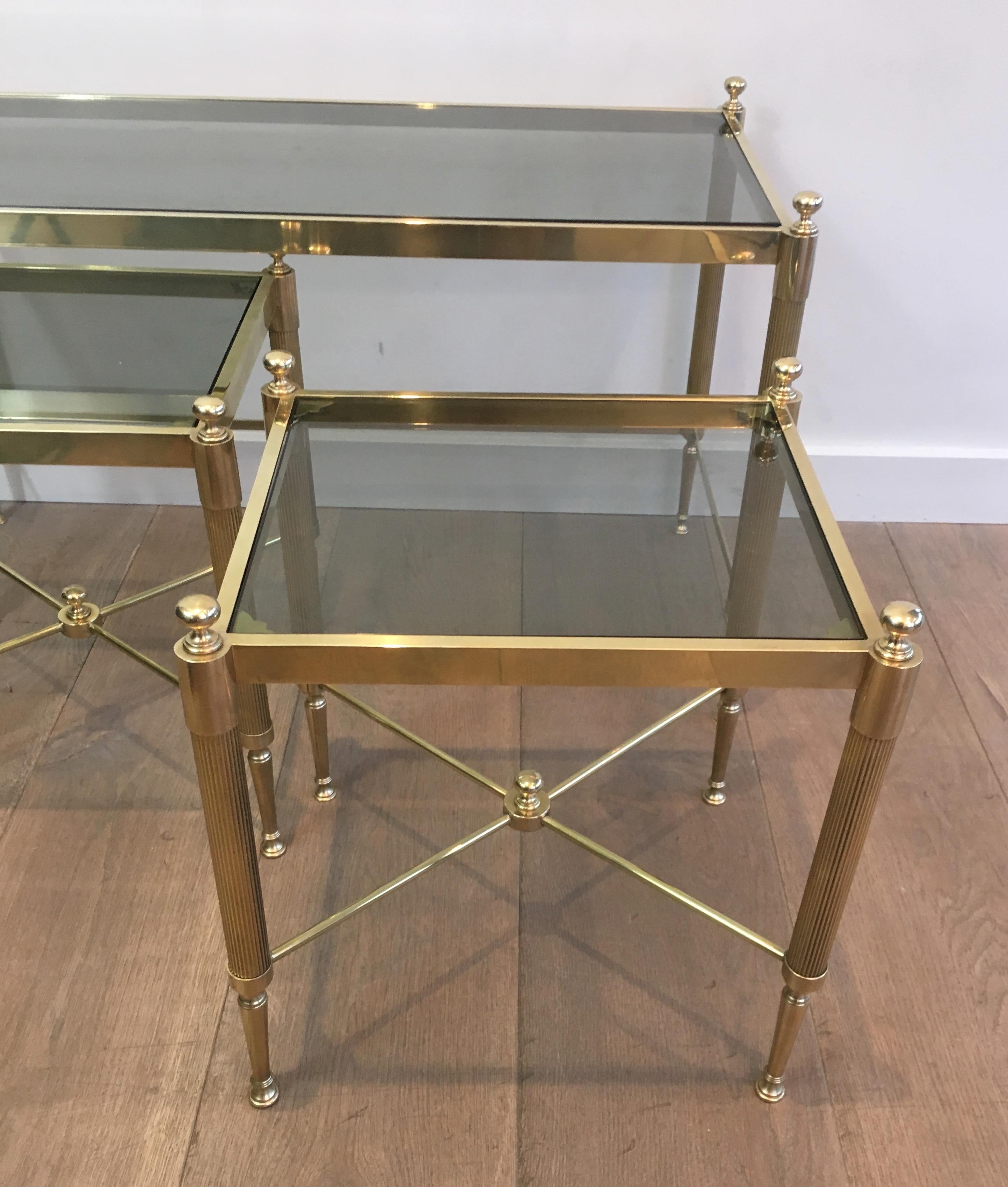 Late 20th Century Tripartite Brass Coffee Table made of a Main Table and 2 Nesting Side Tables