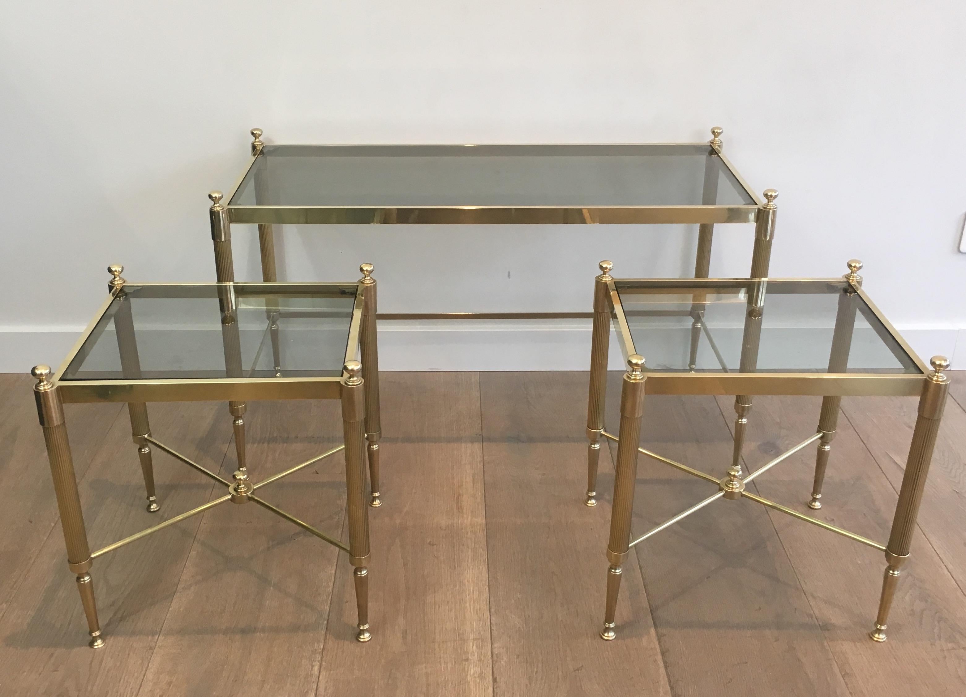 Tripartite Brass Coffee Table made of a Main Table and 2 Nesting Side Tables 3