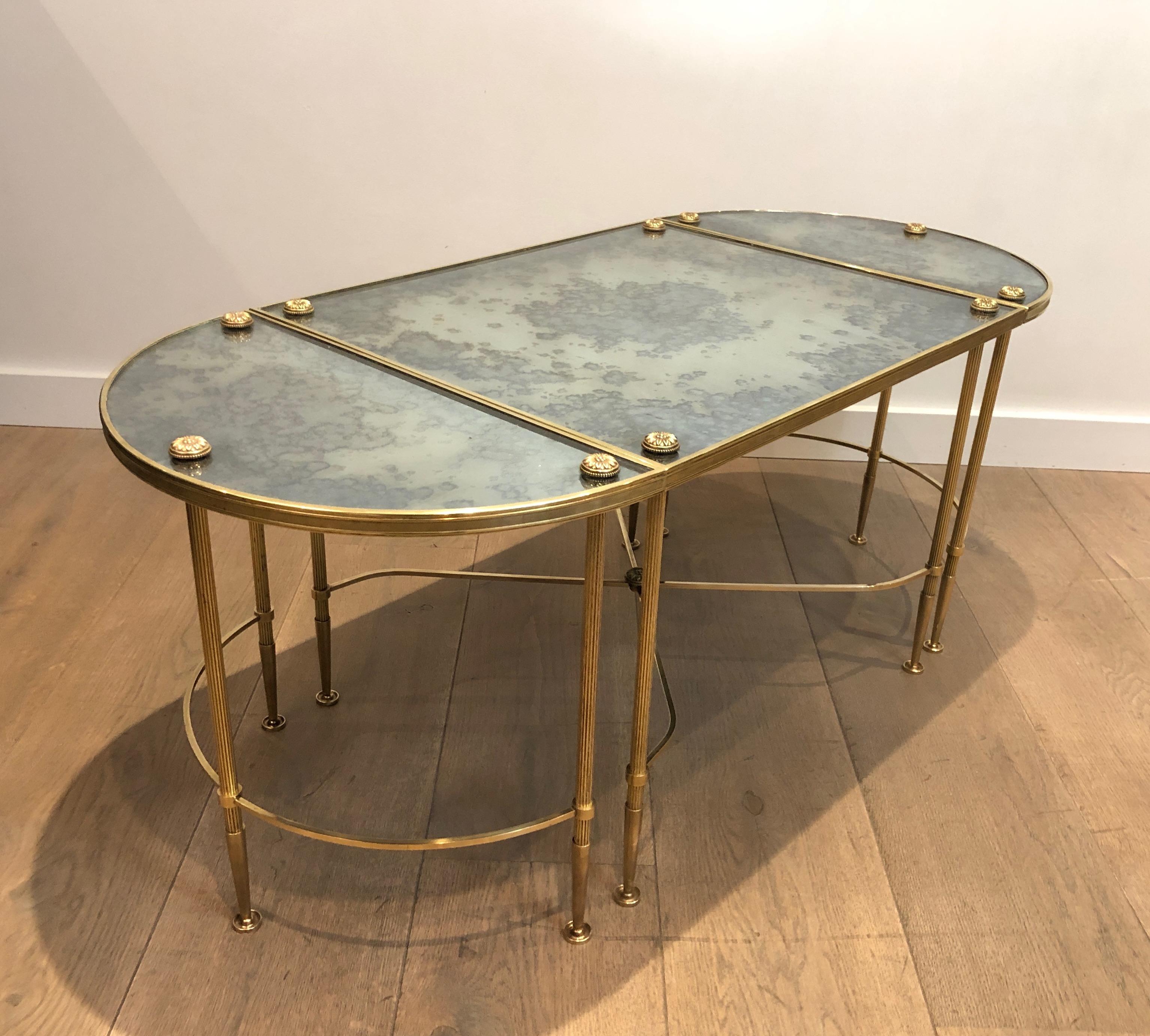 Tripartite Brass Coffee Table with Eglomized Tops by Maison Baguès 11
