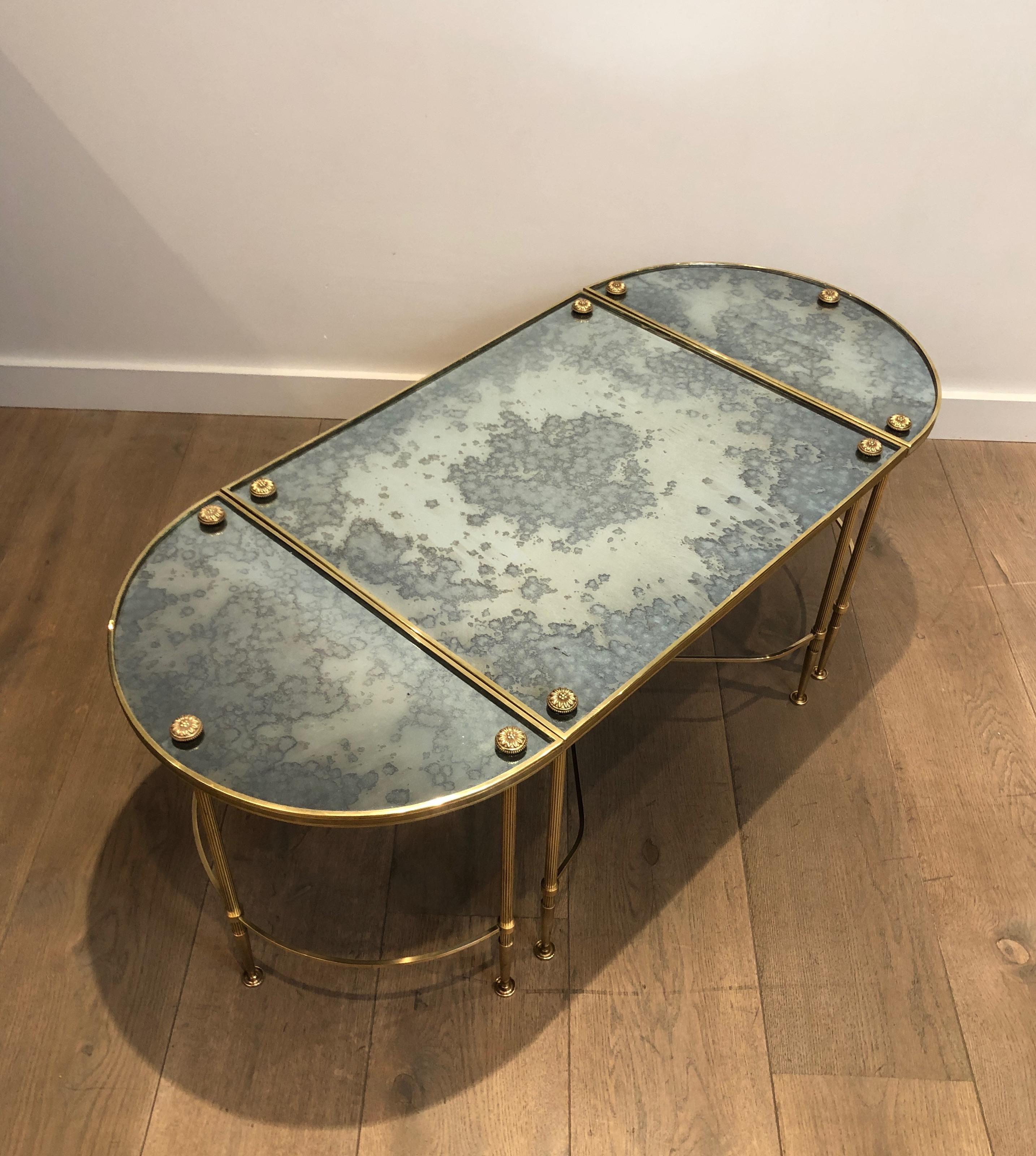 Tripartite Brass Coffee Table with Eglomized Tops by Maison Baguès 12
