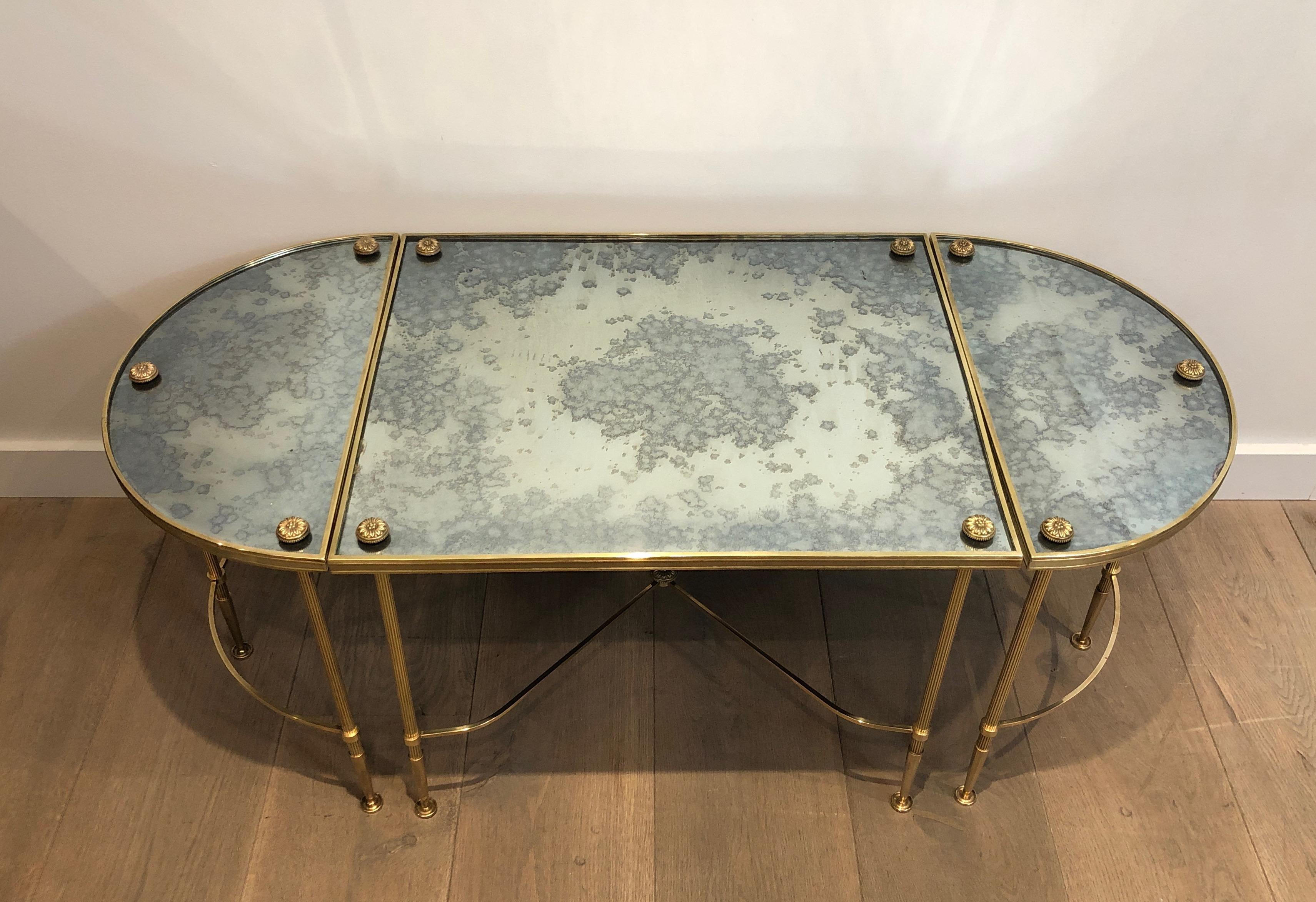 Neoclassical Tripartite Brass Coffee Table with Eglomized Tops by Maison Baguès