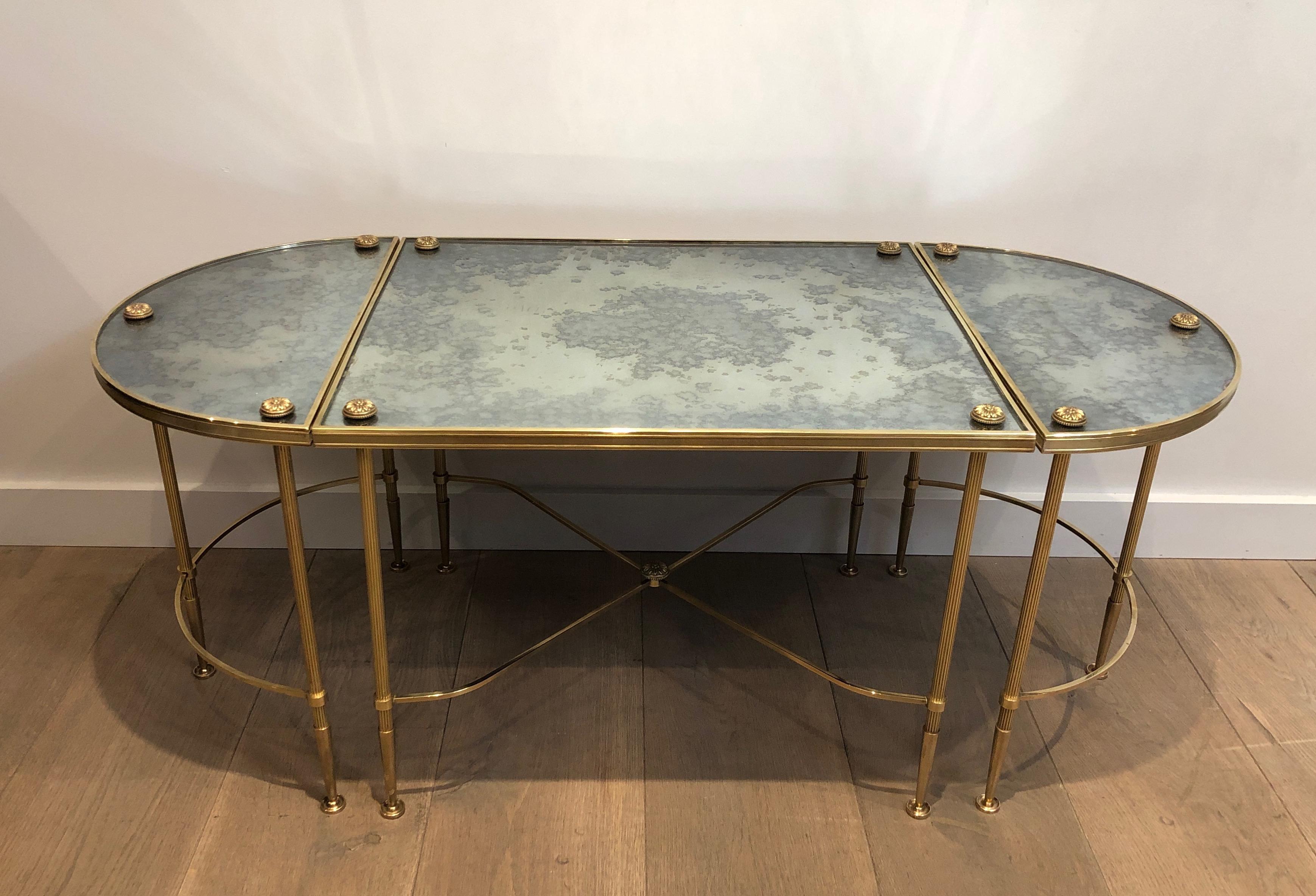 French Tripartite Brass Coffee Table with Eglomized Tops by Maison Baguès