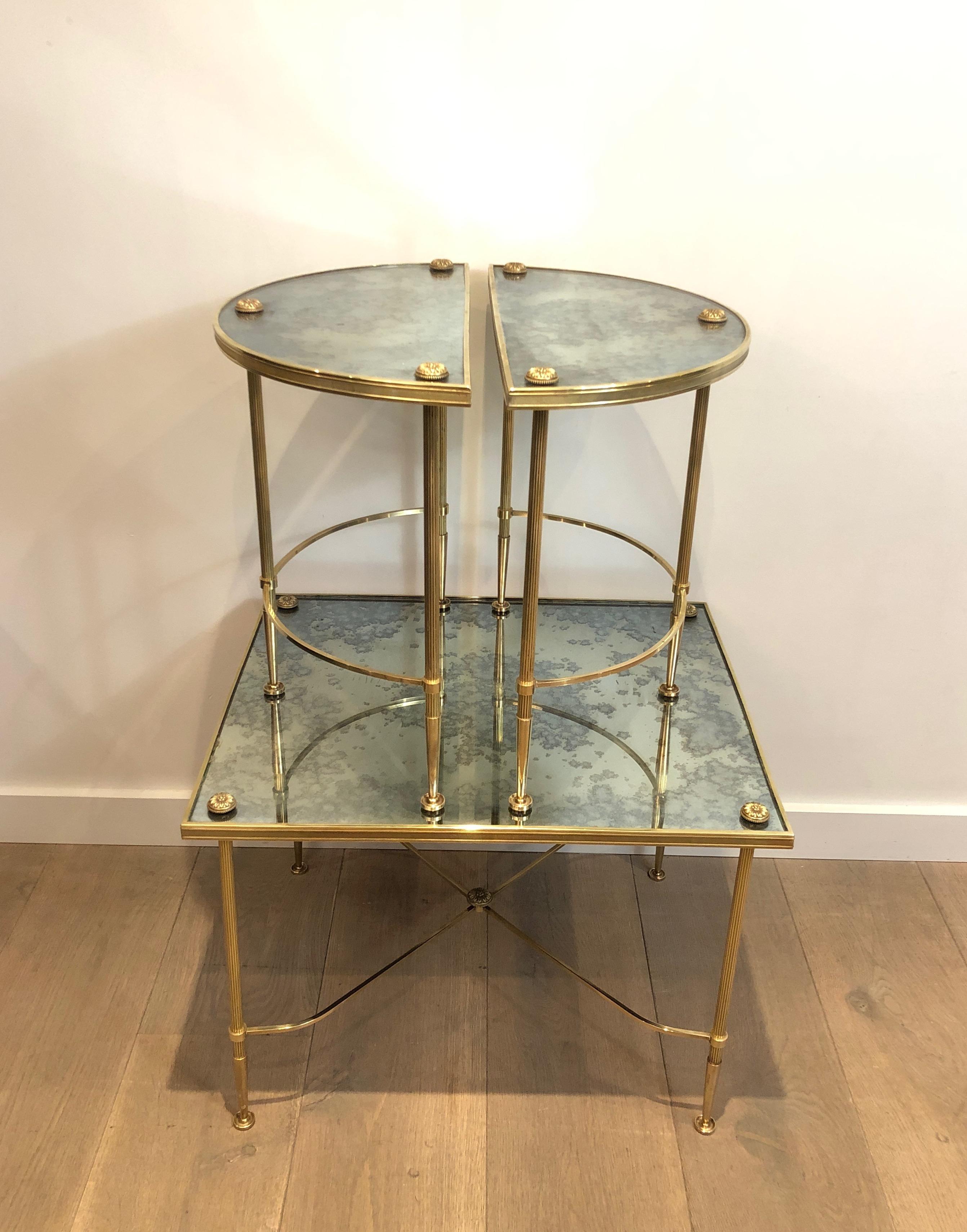 Mid-20th Century Tripartite Brass Coffee Table with Eglomized Tops by Maison Baguès