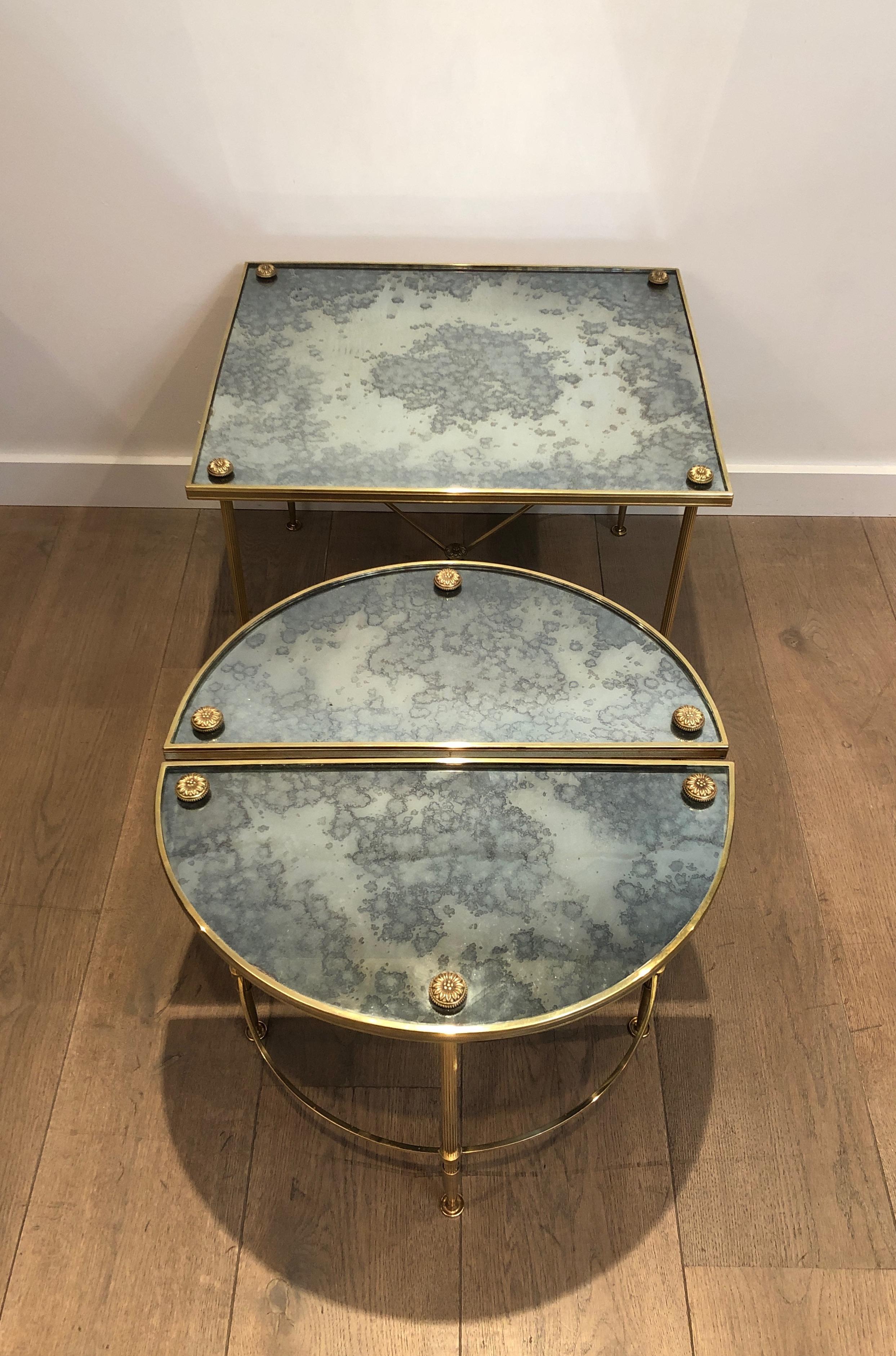 Tripartite Brass Coffee Table with Eglomized Tops by Maison Baguès 1