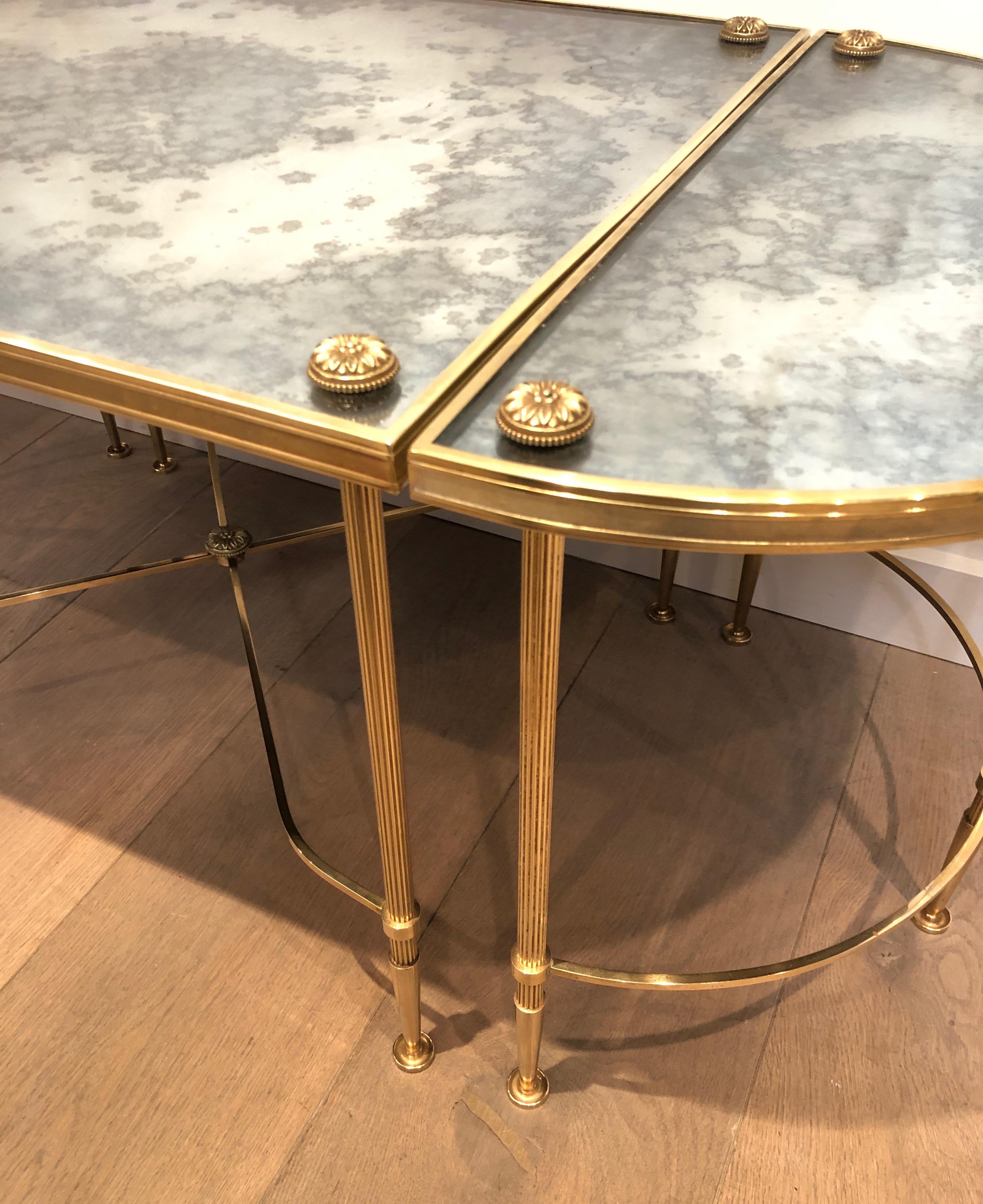Tripartite Brass Coffee Table with Eglomized Tops by Maison Baguès 2