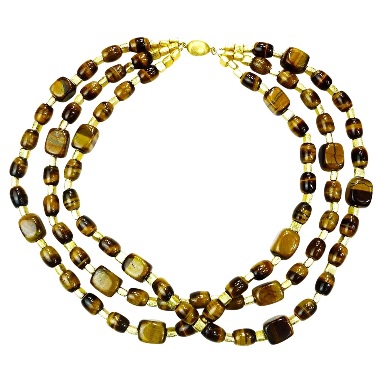 Bead AJD Three-Strand Chatoyant Tiger's Eye Necklace For Sale