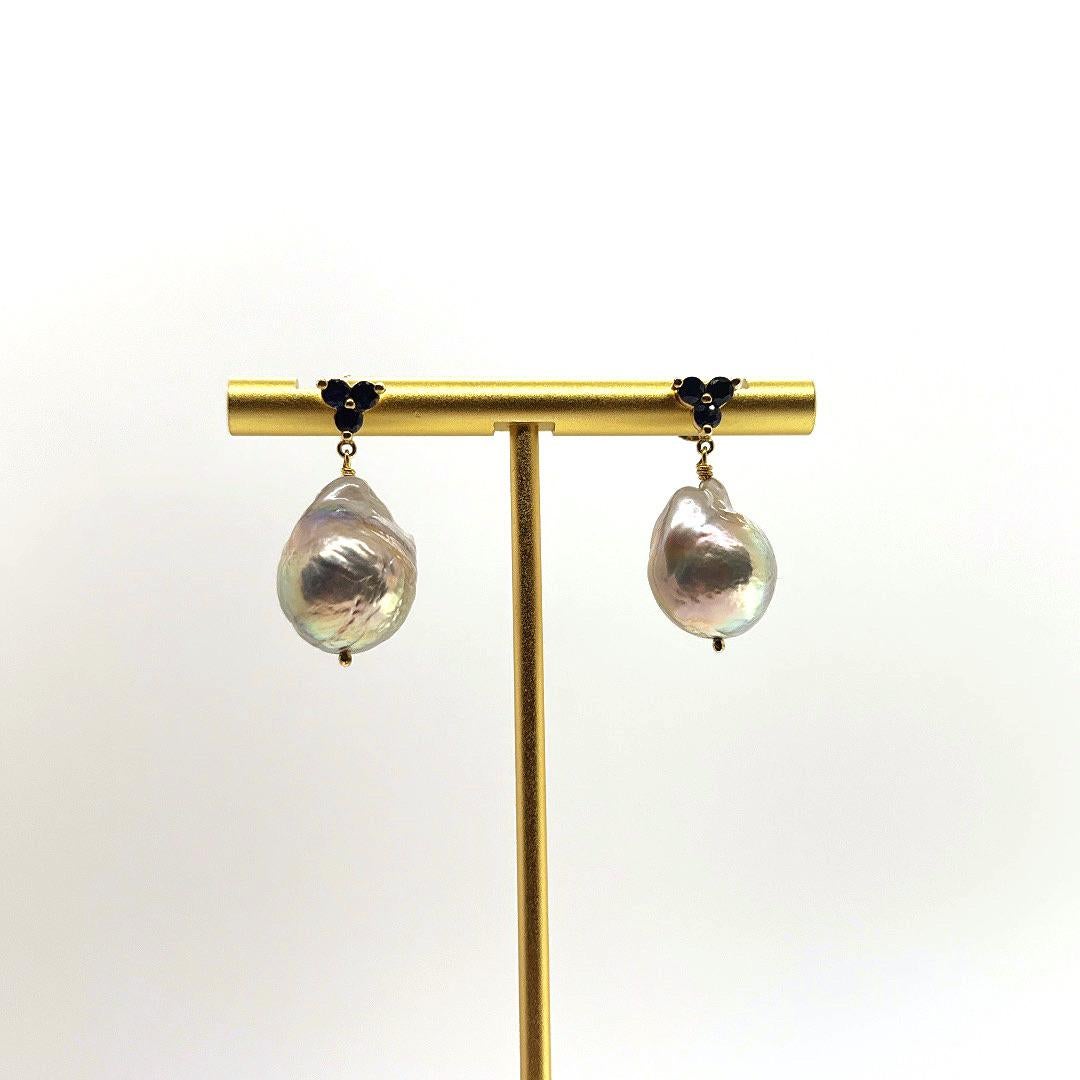 Women's or Men's Triple  3mm round Ceylon Sapphire cluster earring with Grey Baroque Pearl Drop For Sale