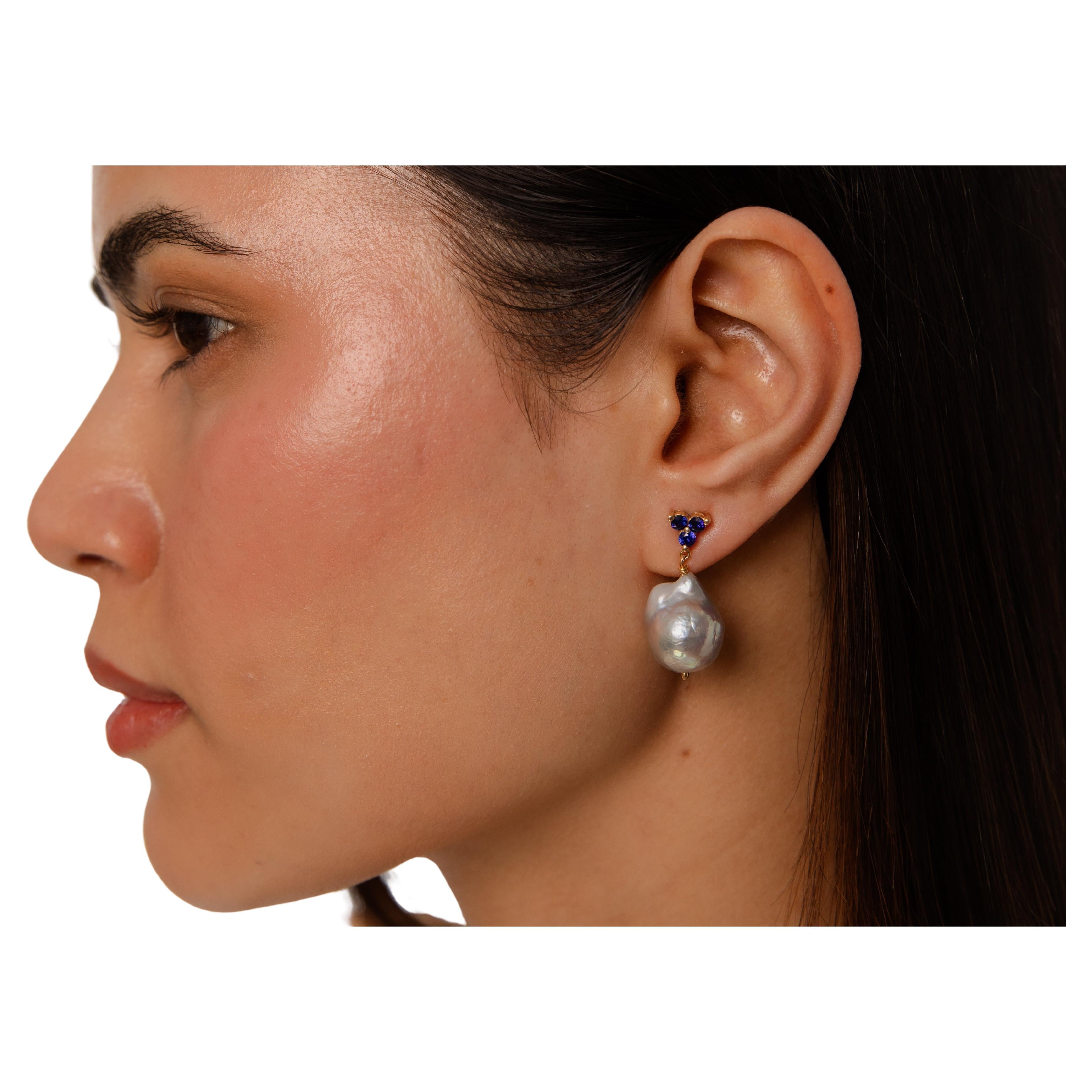 Triple  3mm round Ceylon Sapphire cluster earring with Grey Baroque Pearl Drop