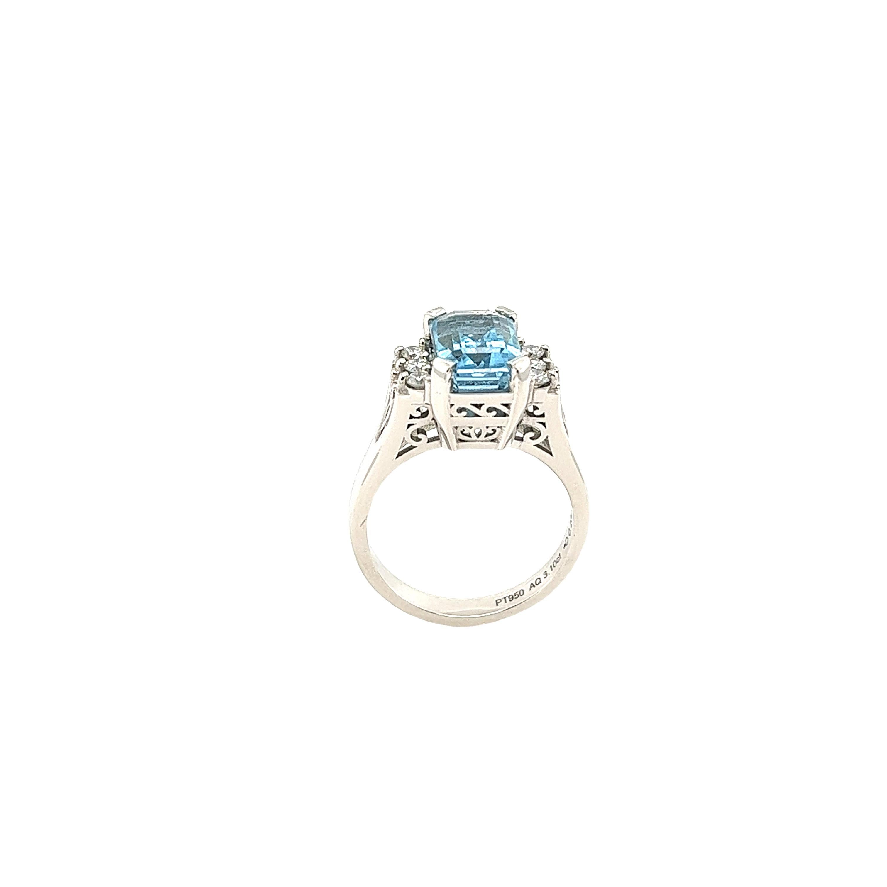 Triple AAA Emerald Cut 3.10ct Aquamarine Ring With 3 Diamonds on Sides
This beautiful ring features a AAA 3.10ct emerald cut Aquamarine with 3 Round Brilliant Cut Diamonds on sides, set in Platinum band. The Aquamarine is the birthstone for March,