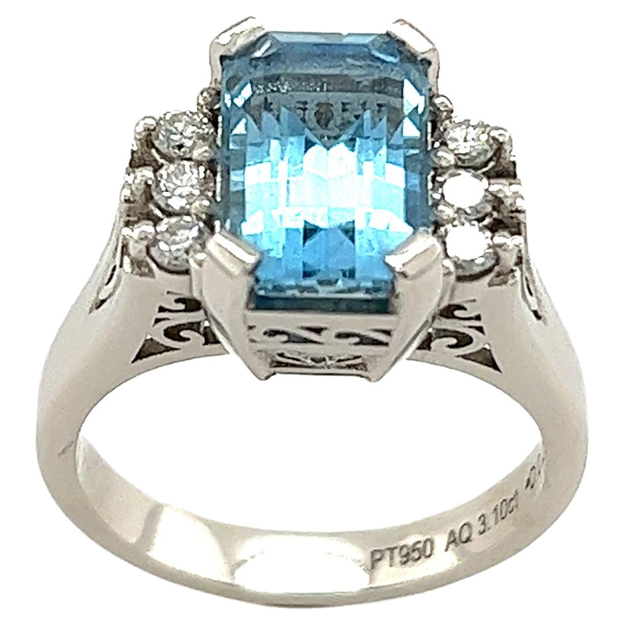 Triple AAA Emerald Cut 3.10ct Aquamarine Ring w/ 3 Diamonds on Sides in Platinum For Sale
