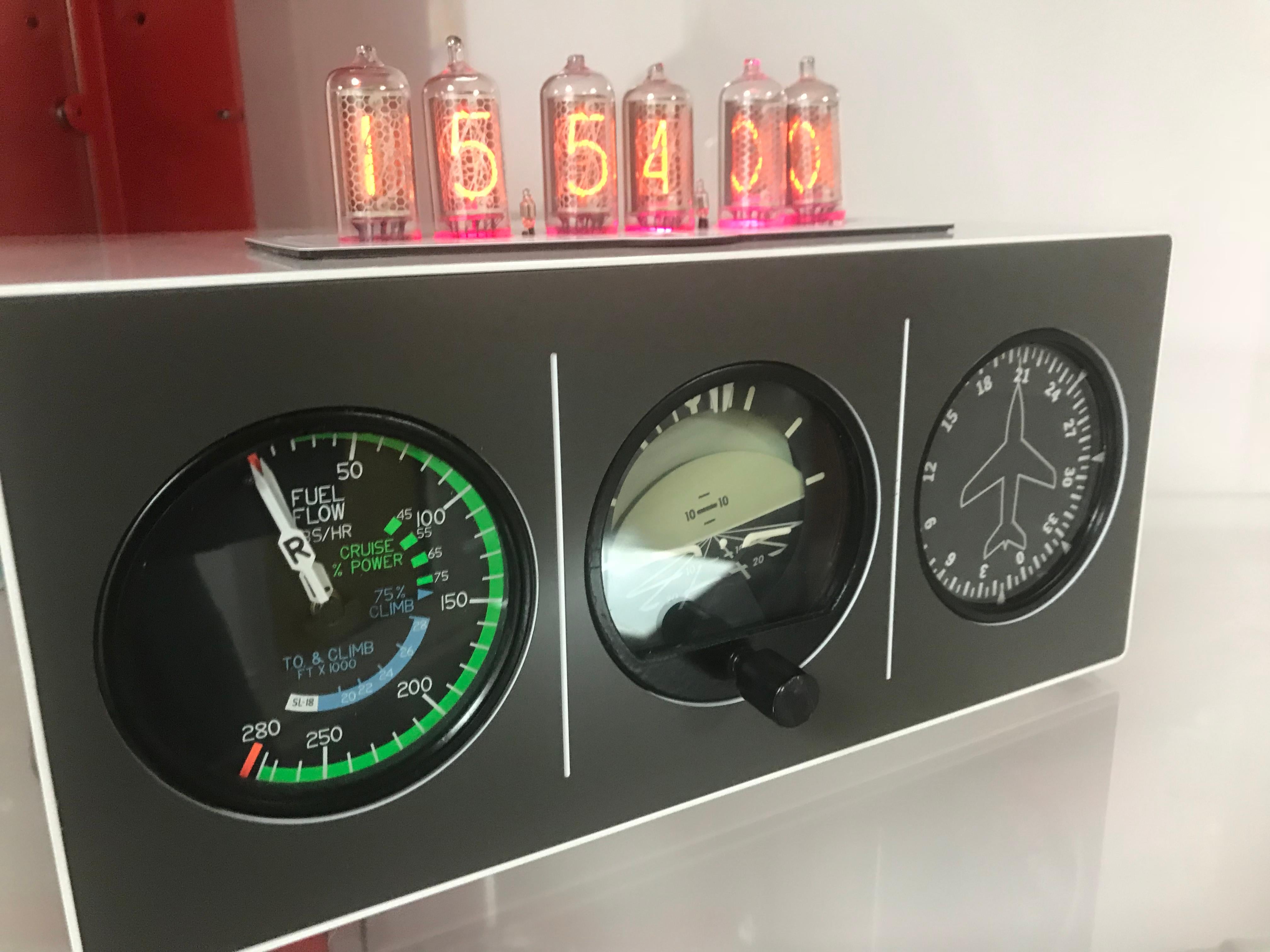 Designed by Intrepid Design using aircraft instruments we have created a limited number of Aircraft Instrument Nixie Clocks. The instruments have been refurbished and mounted inside a bespoke case which has been powder coated RAF Grey (other colours