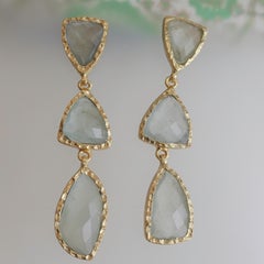 Triple Aquamarine Gold Plated Sterling Silver Post Drop Earrings