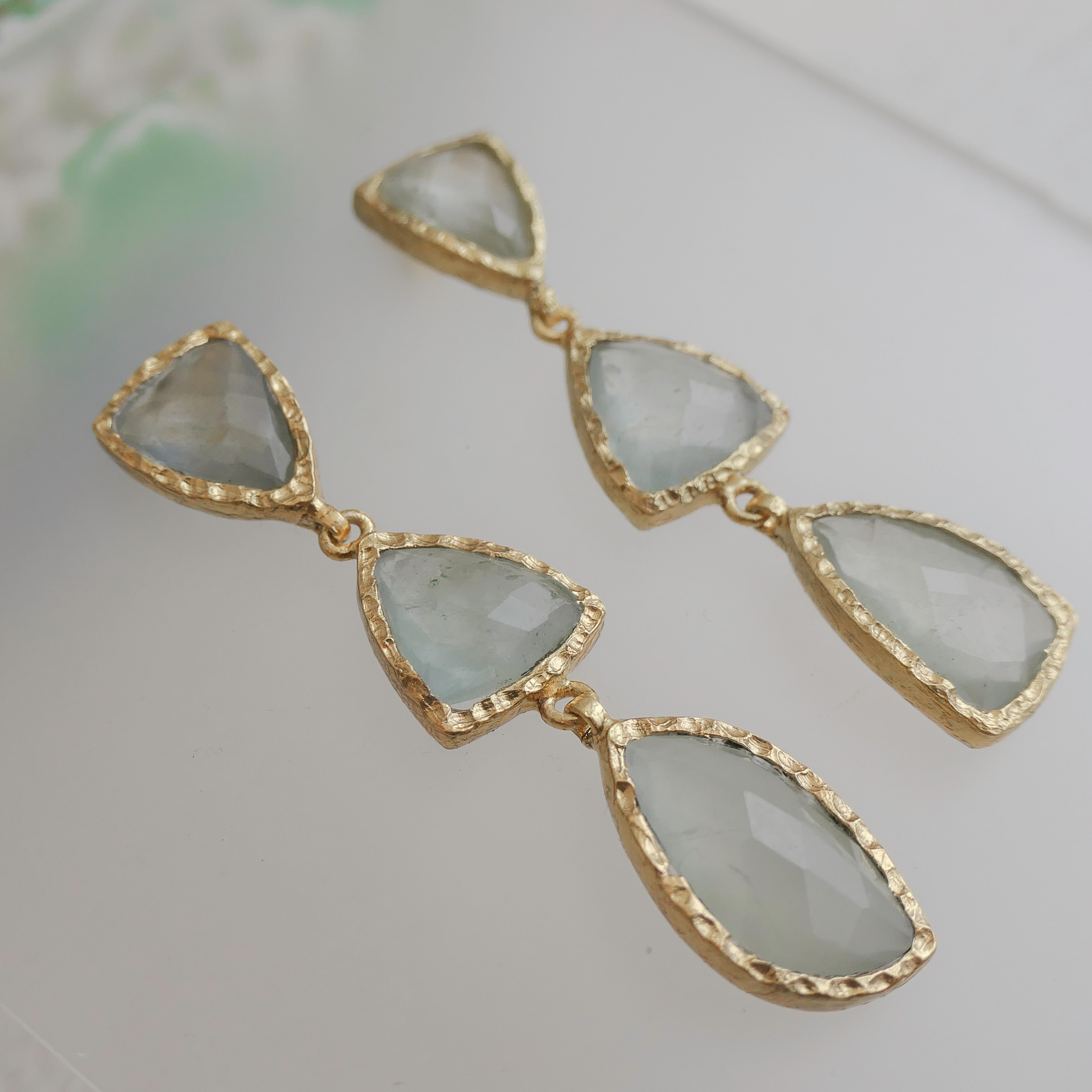 Mixed Cut Triple Aquamarine Gold Plated Sterling Silver Post Drop Earrings