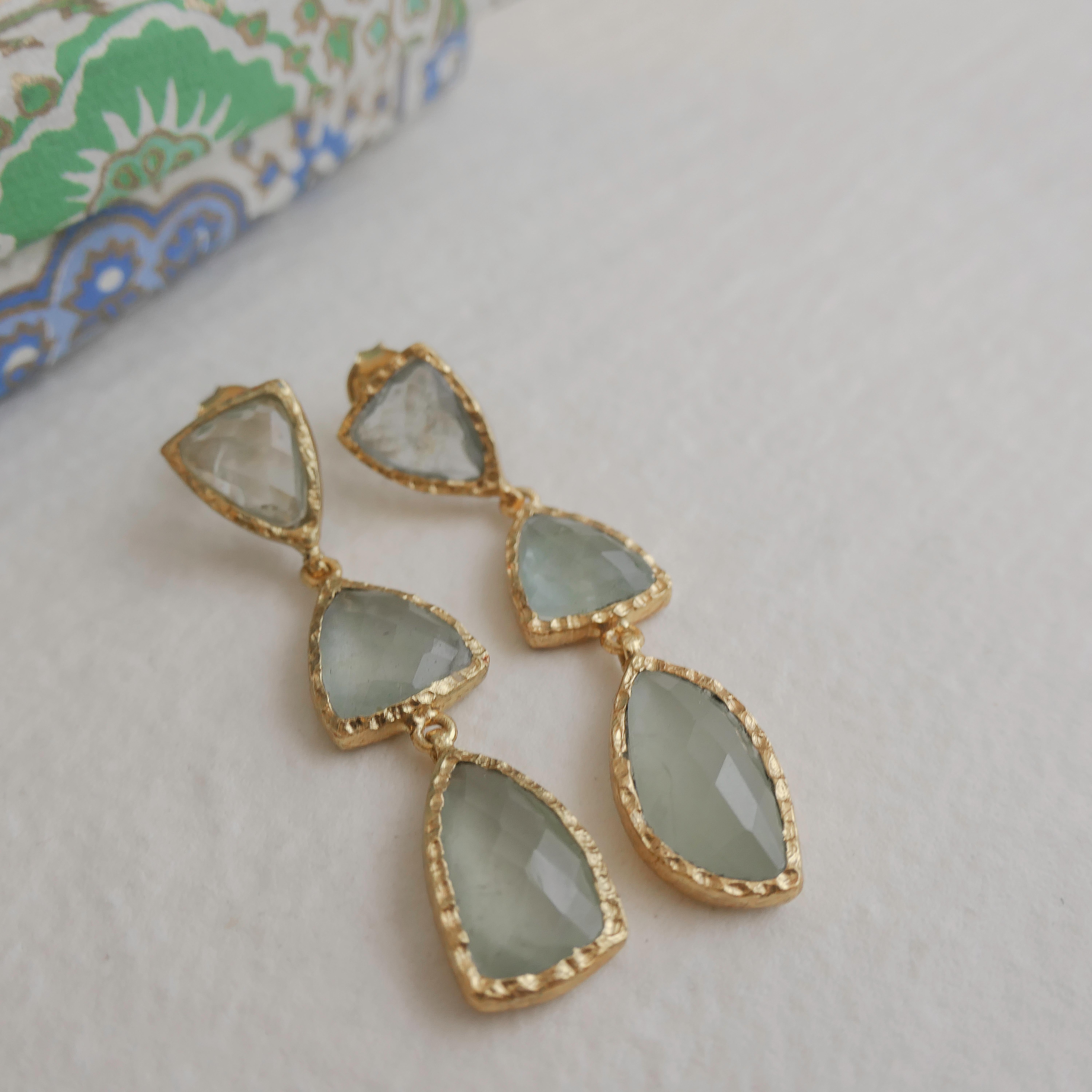 Triple Aquamarine Gold Plated Sterling Silver Post Drop Earrings In New Condition In Oslo, 03