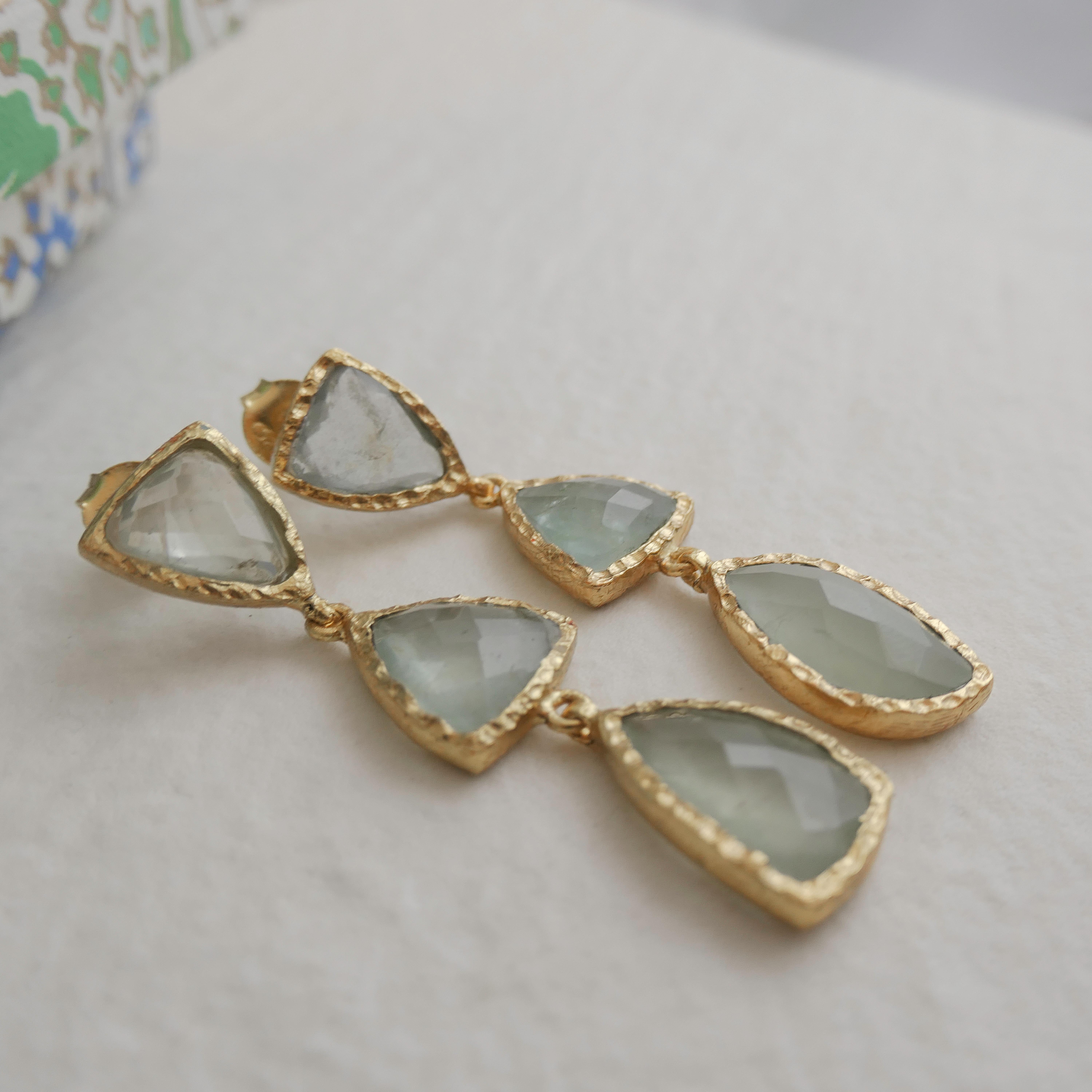 Women's Triple Aquamarine Gold Plated Sterling Silver Post Drop Earrings