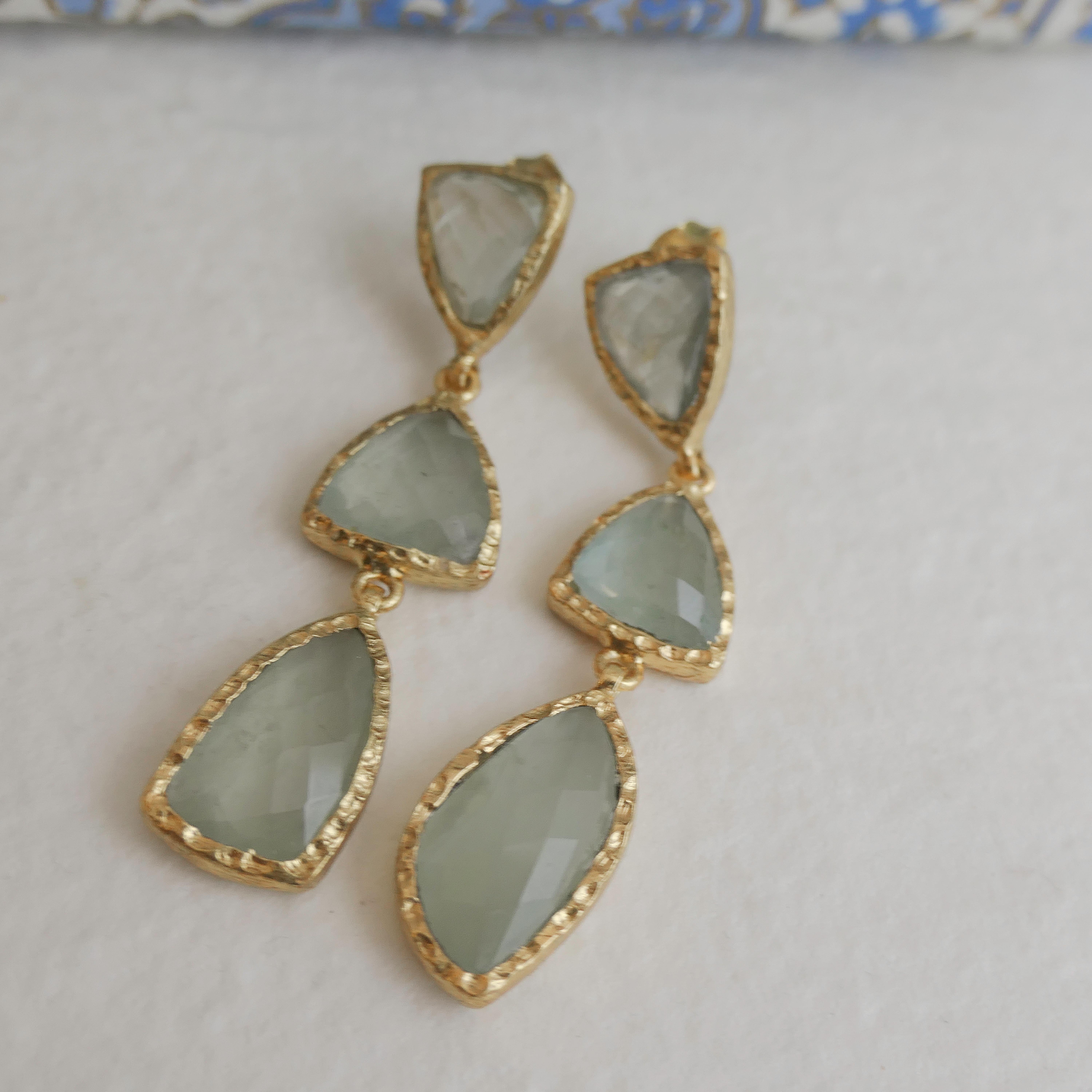 Triple Aquamarine Gold Plated Sterling Silver Post Drop Earrings 1