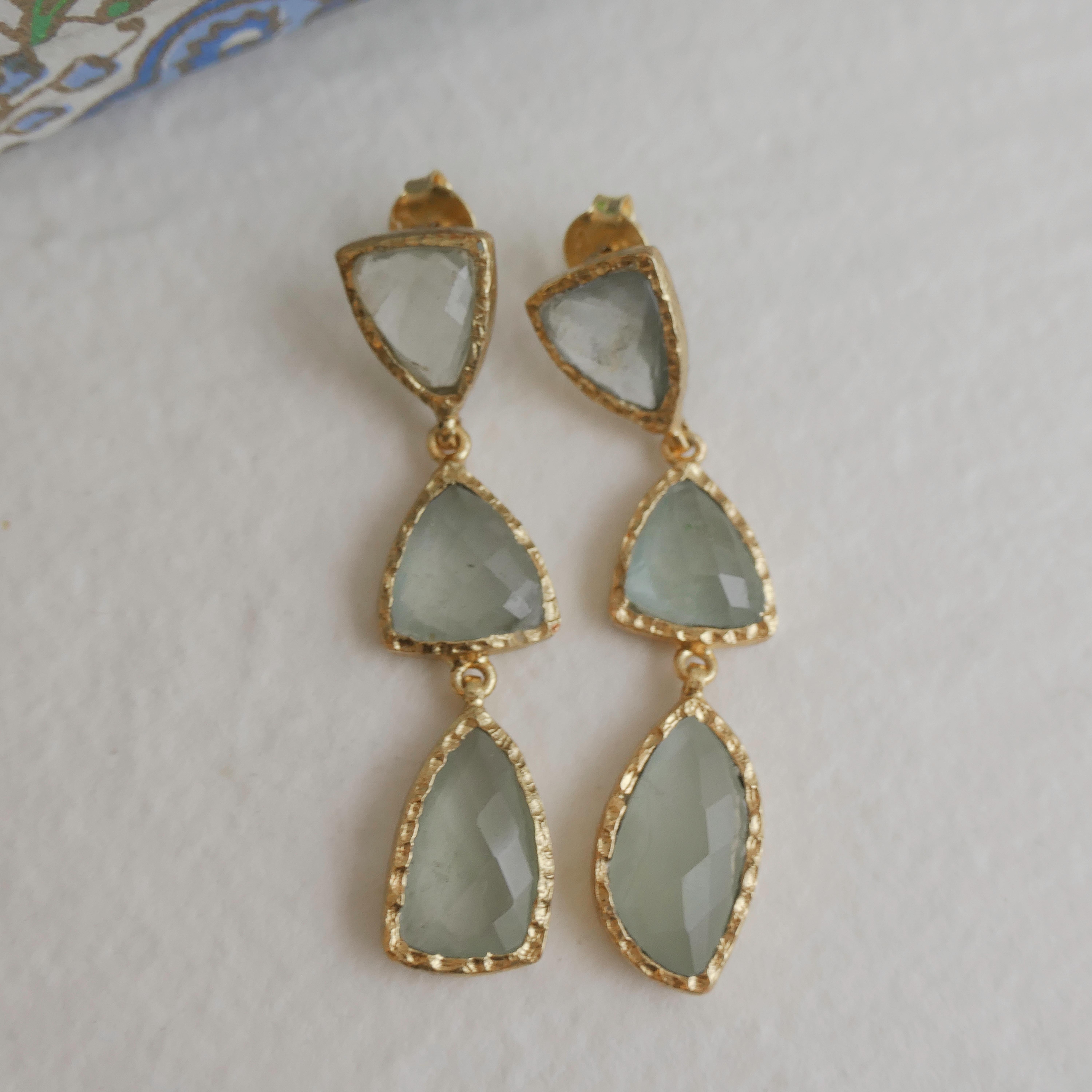 Triple Aquamarine Gold Plated Sterling Silver Post Drop Earrings 2