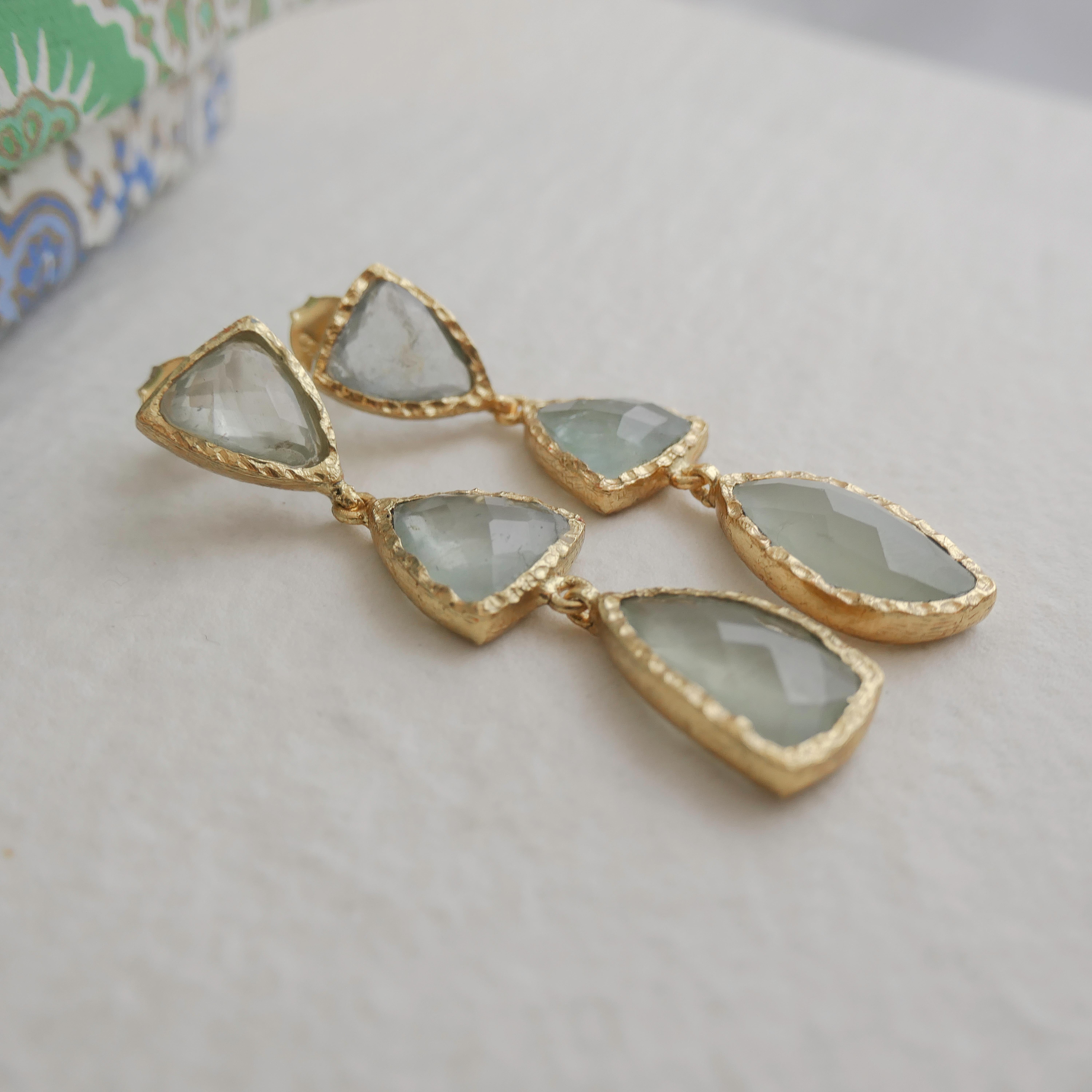 Triple Aquamarine Gold Plated Sterling Silver Post Drop Earrings 3