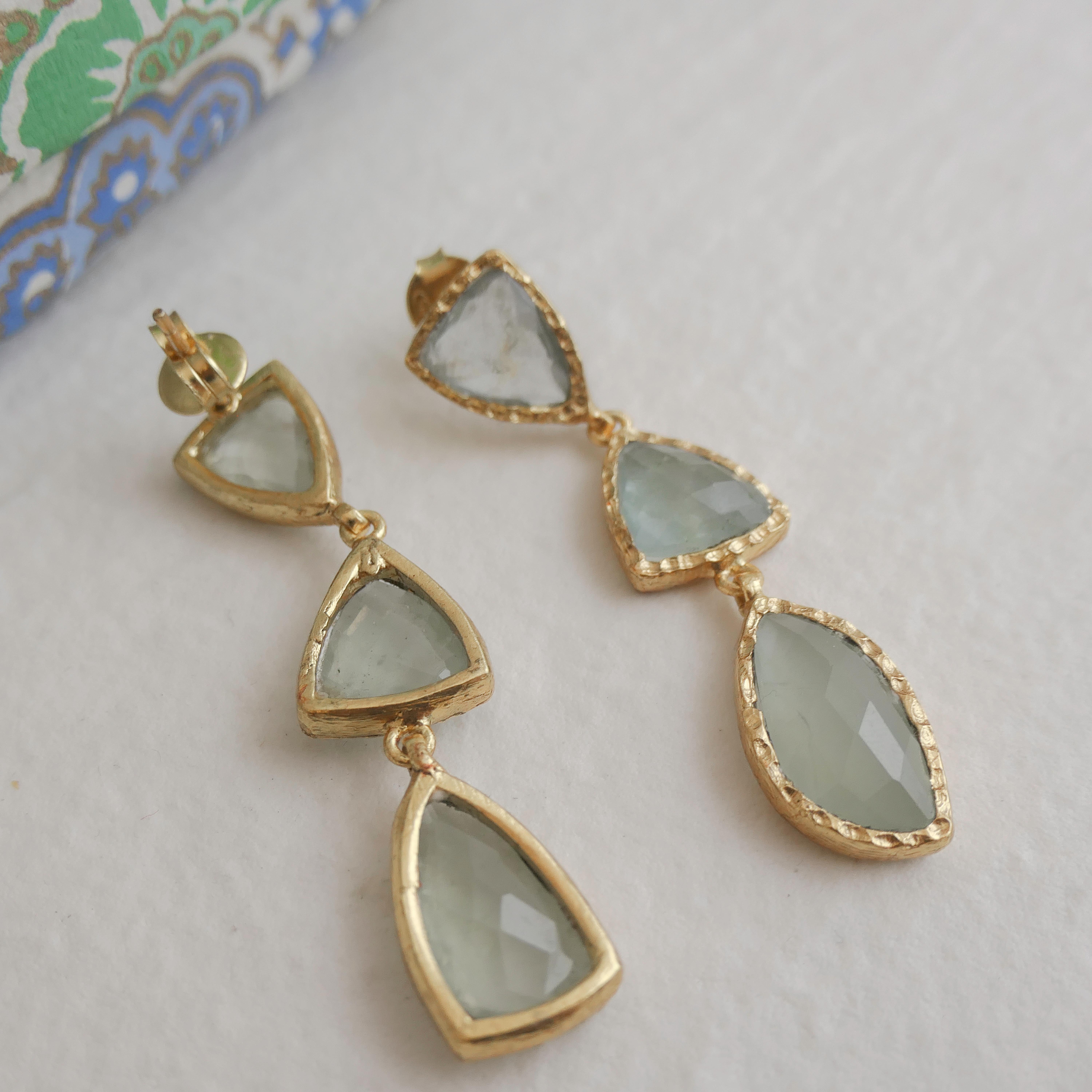 Triple Aquamarine Gold Plated Sterling Silver Post Drop Earrings 4