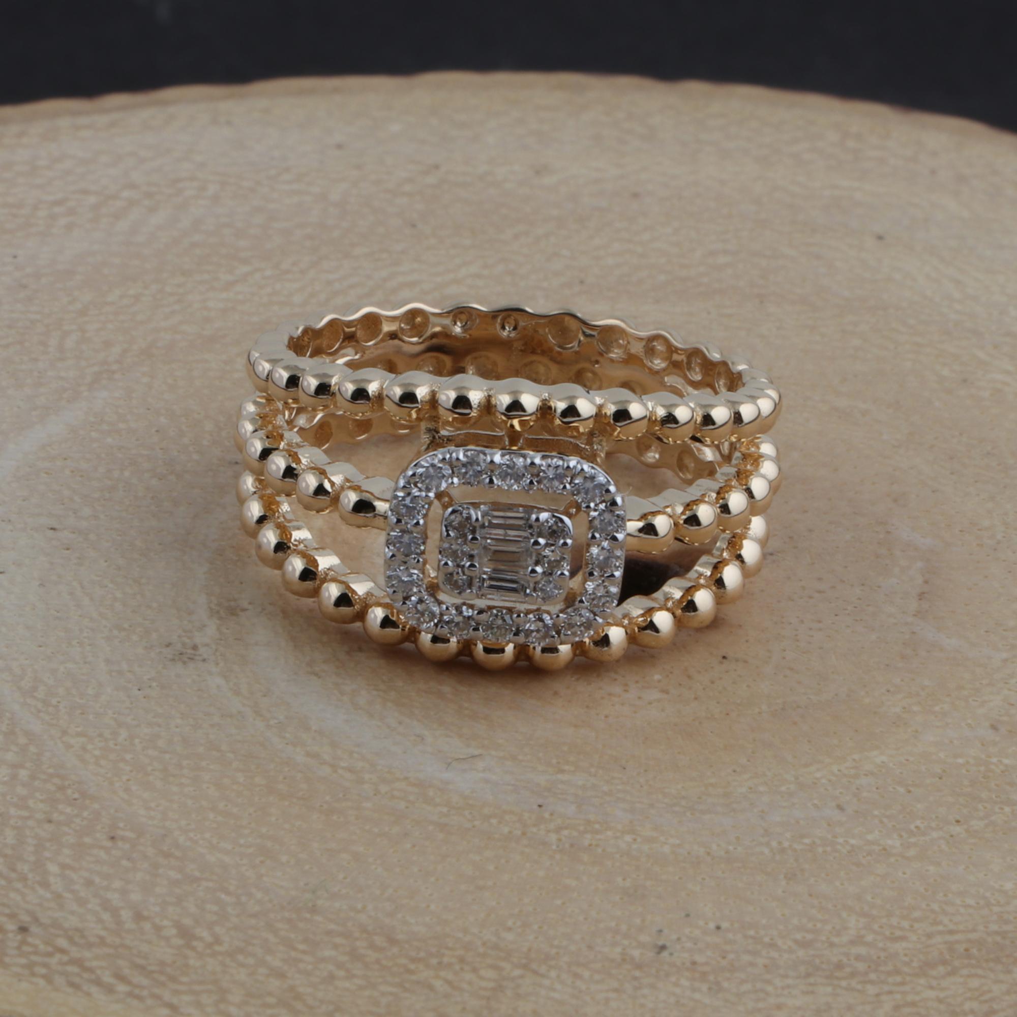 For Sale:  Triple Band Beaded Ring Halo Cluster 0.35ct SI/HI Diamond 18k Yellow Gold 2