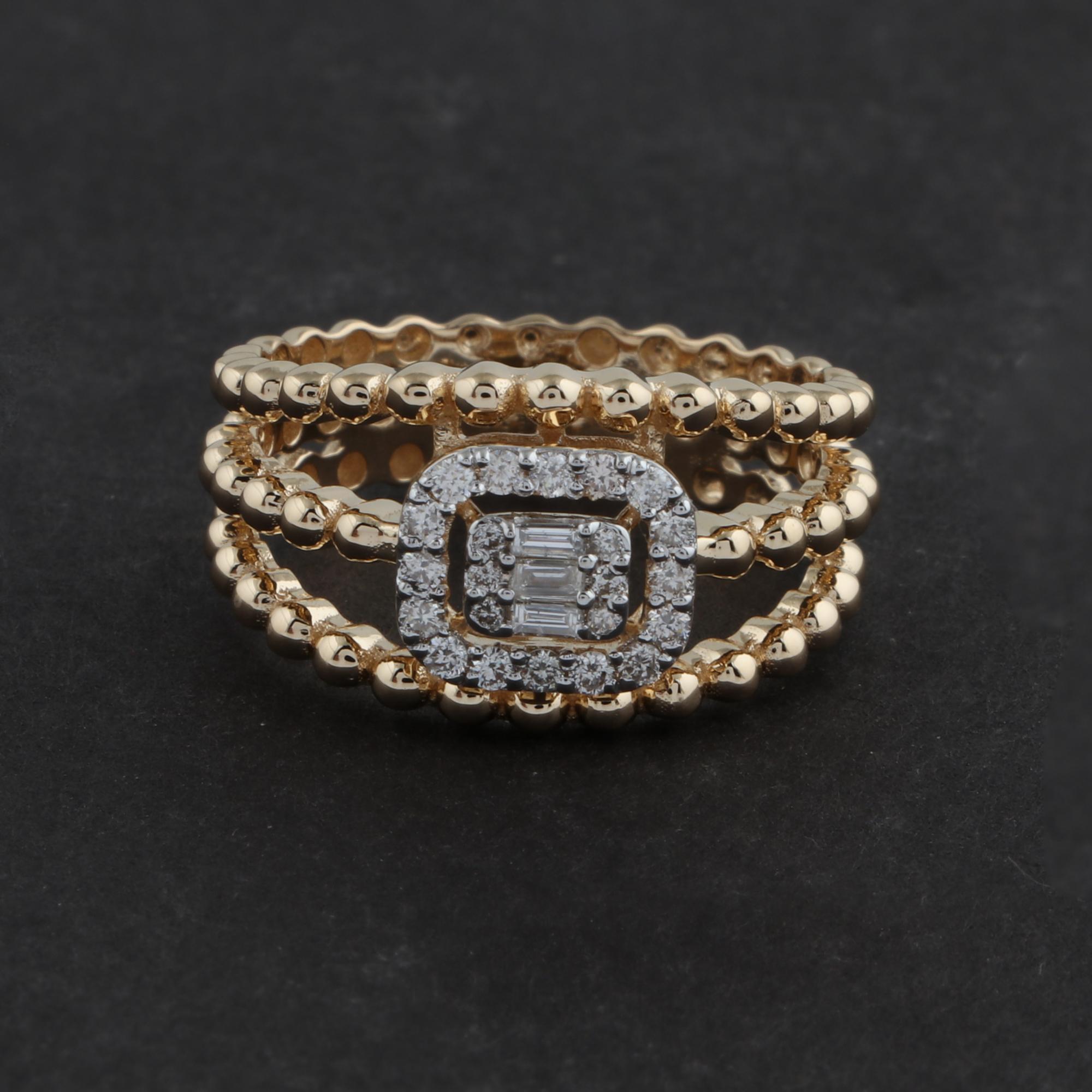 For Sale:  Triple Band Beaded Ring Halo Cluster 0.35ct SI/HI Diamond 18k Yellow Gold 5