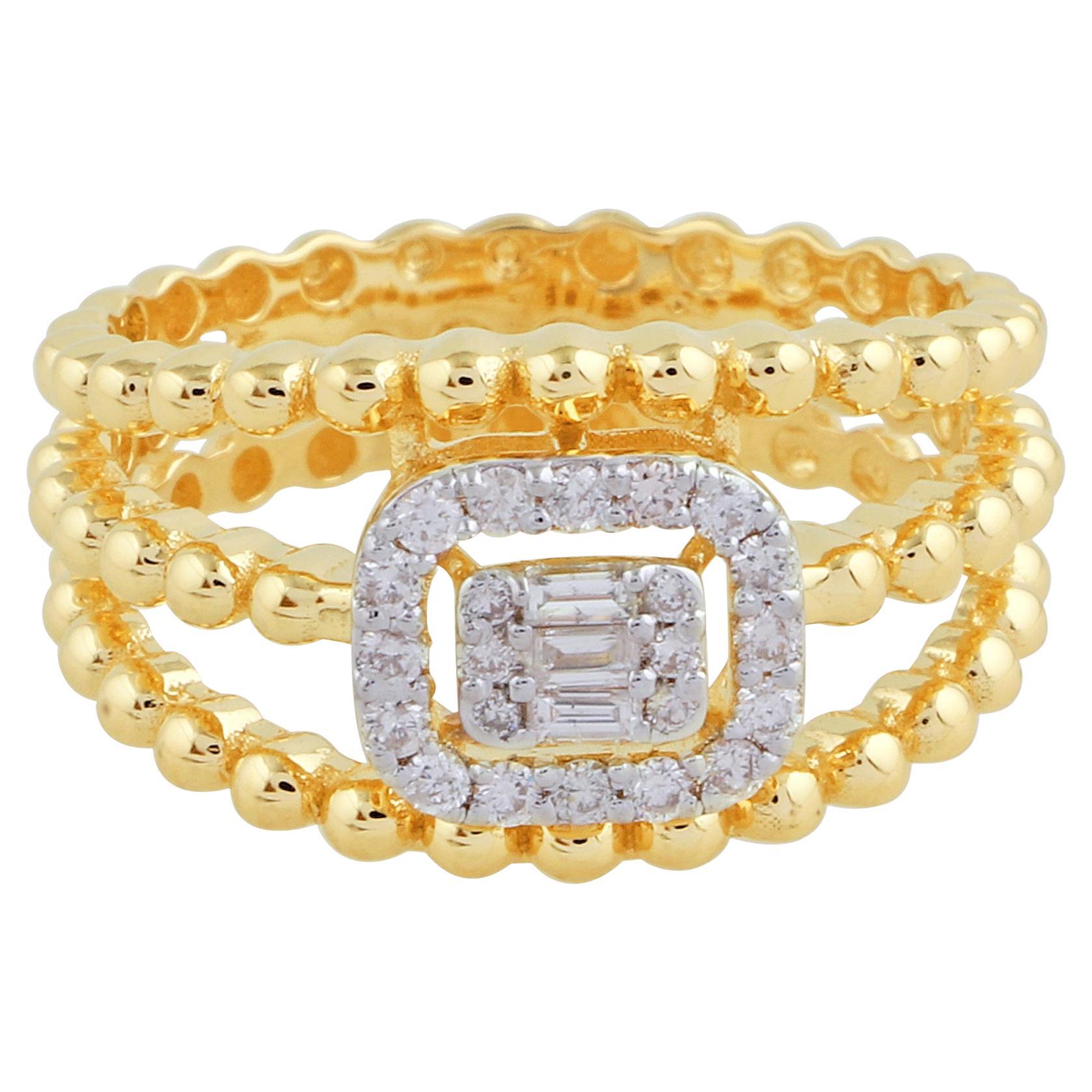 For Sale:  Triple Band Beaded Ring Halo Cluster 0.35ct SI/HI Diamond 18k Yellow Gold