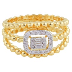 Triple Band Beaded Ring Halo Cluster 0.35ct SI/HI Diamond 18k Yellow Gold