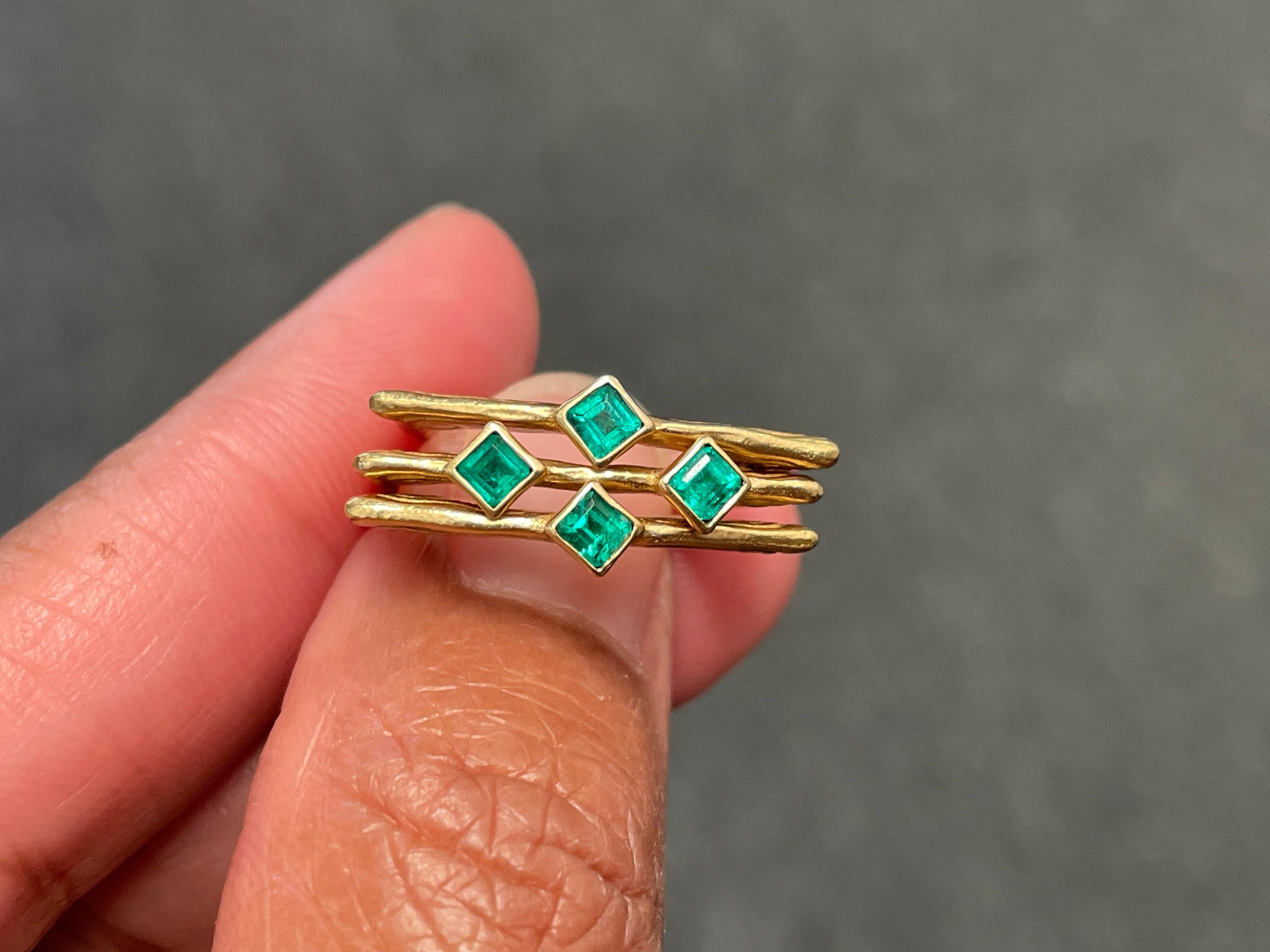 For Sale:  Triple Band Columbian Emerald 18k Gold Ring 5
