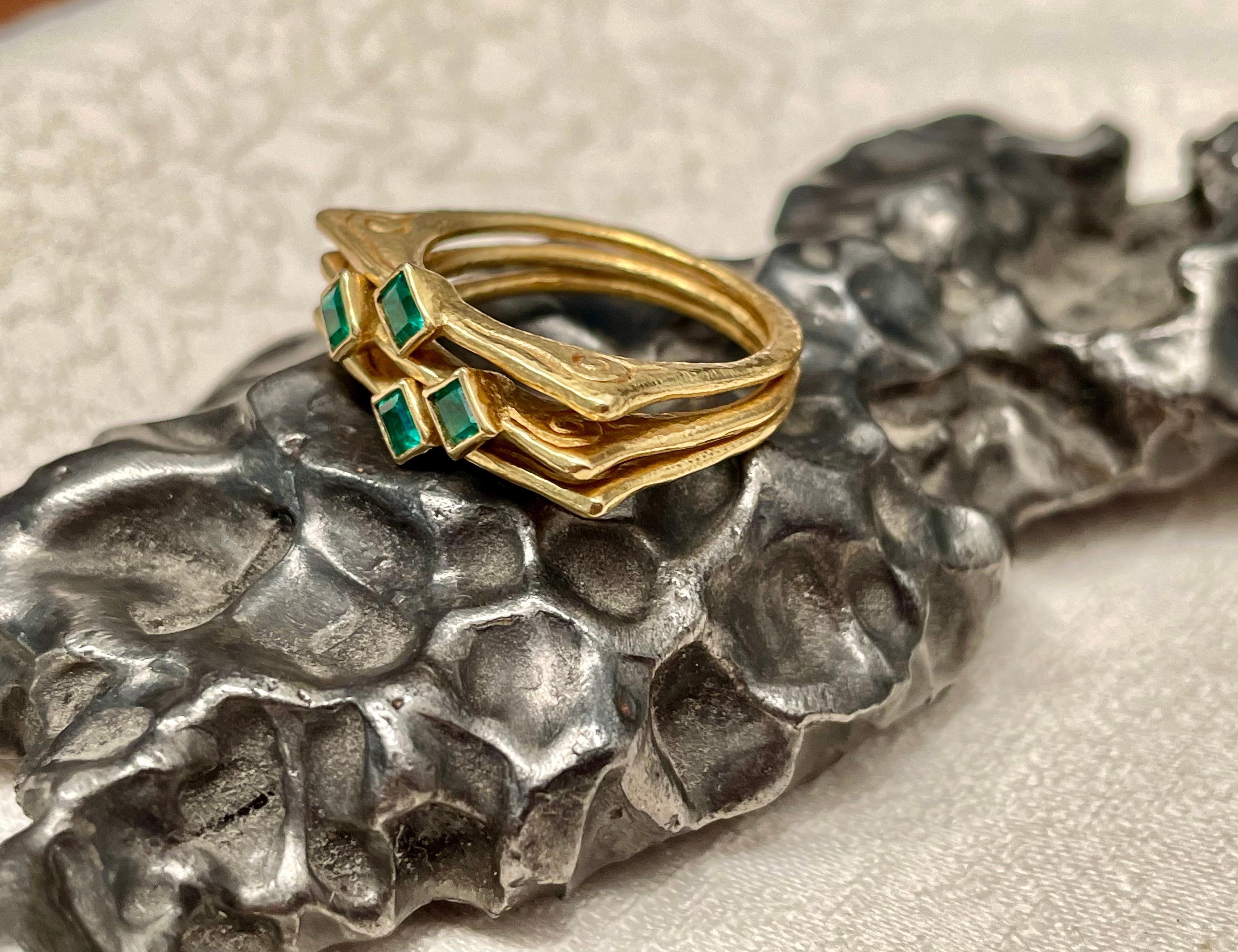 For Sale:  Triple Band Columbian Emerald 18k Gold Ring 6